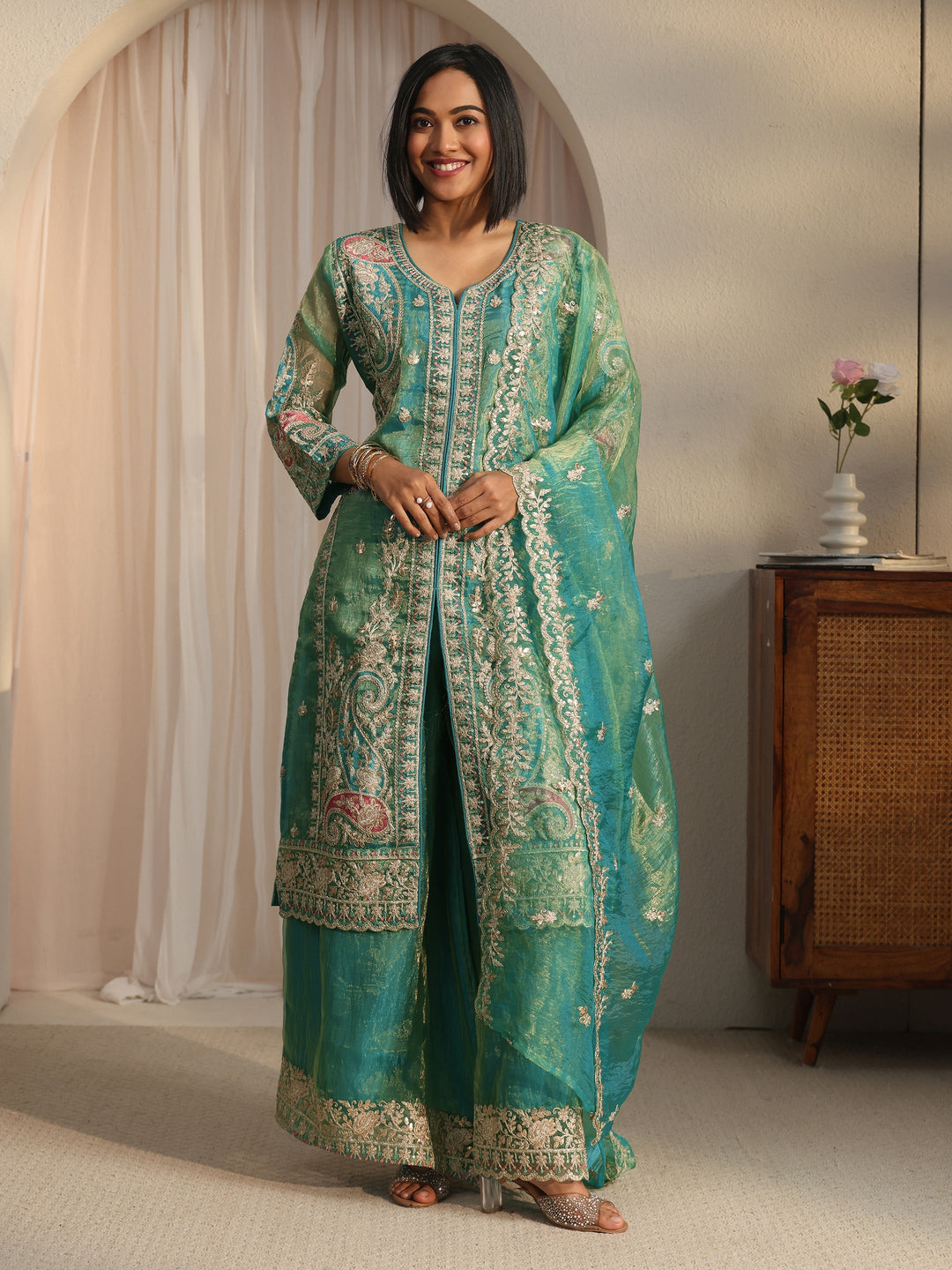  Libas Art Green Floral Embroidered Organza Palazzo Suit Set 