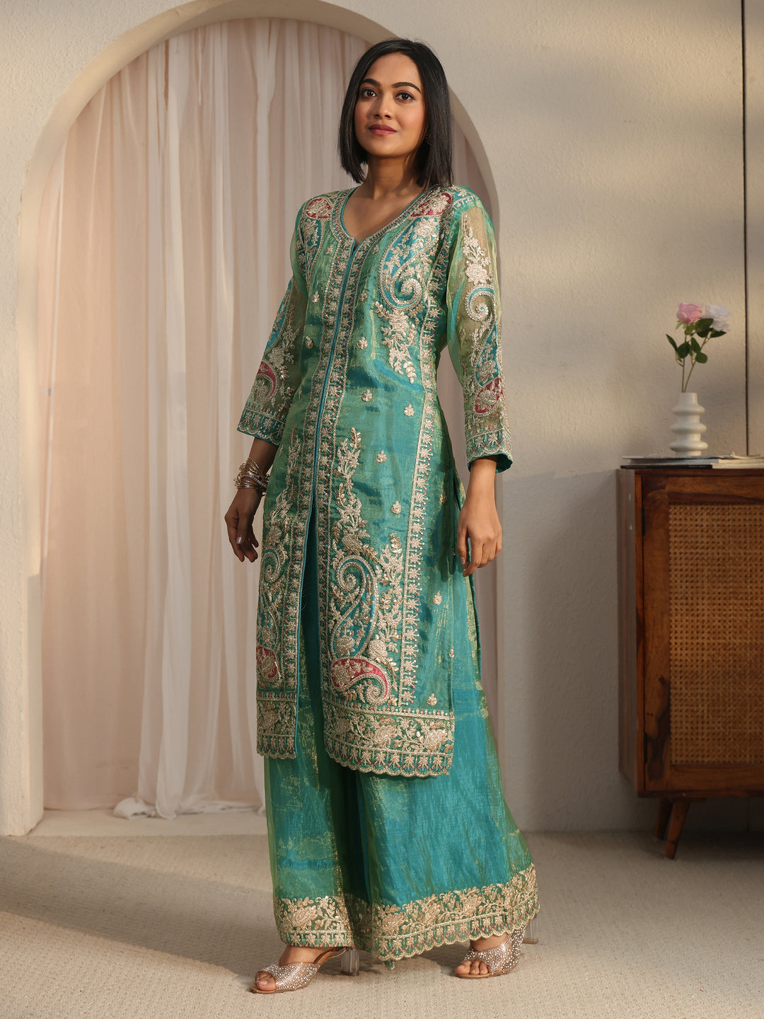  Libas Art Green Floral Embroidered Organza Palazzo Suit Set 