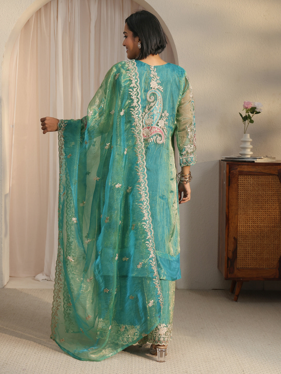  Libas Art Green Floral Embroidered Organza Palazzo Suit Set 