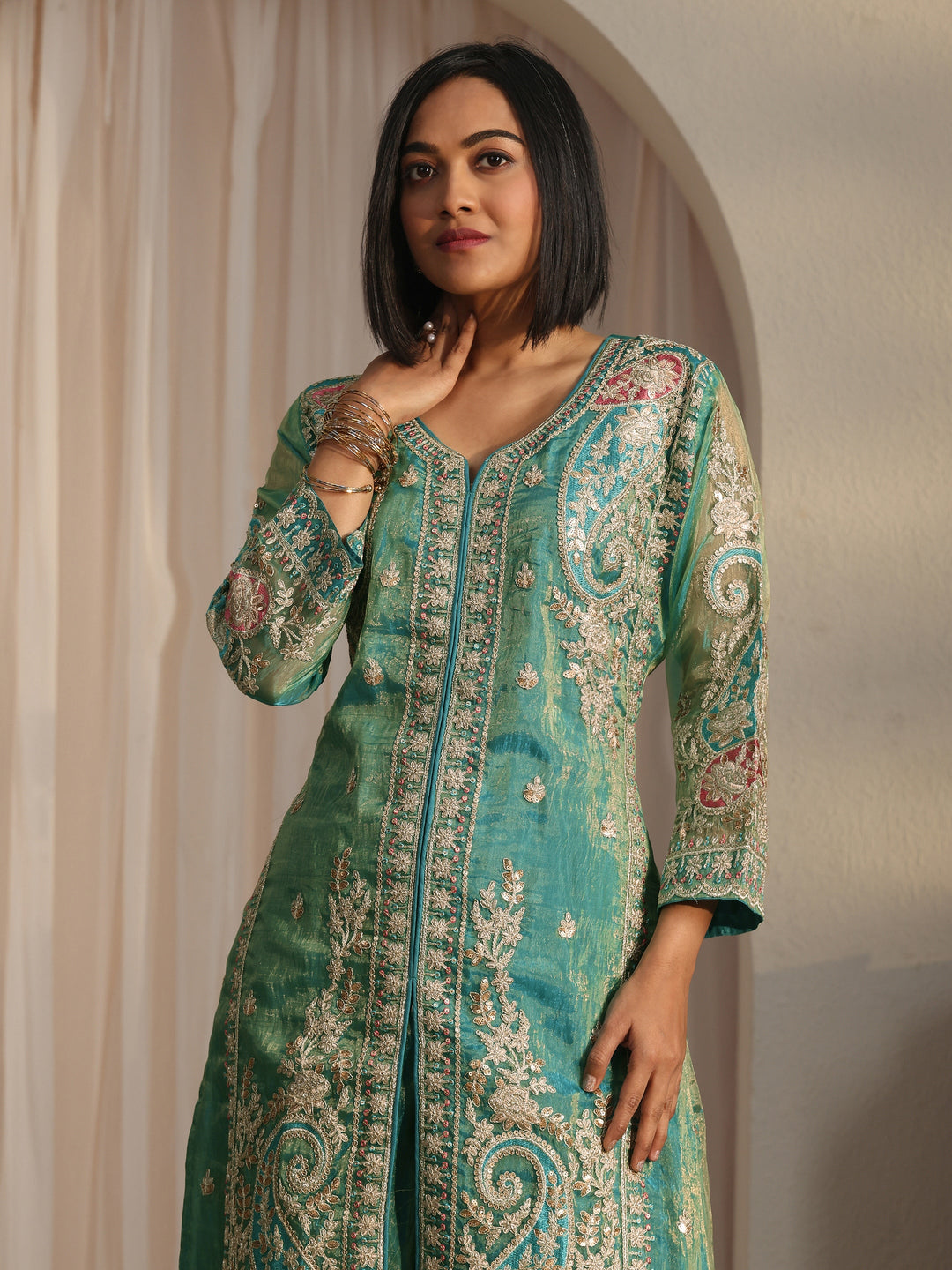  Libas Art Green Floral Embroidered Organza Palazzo Suit Set 