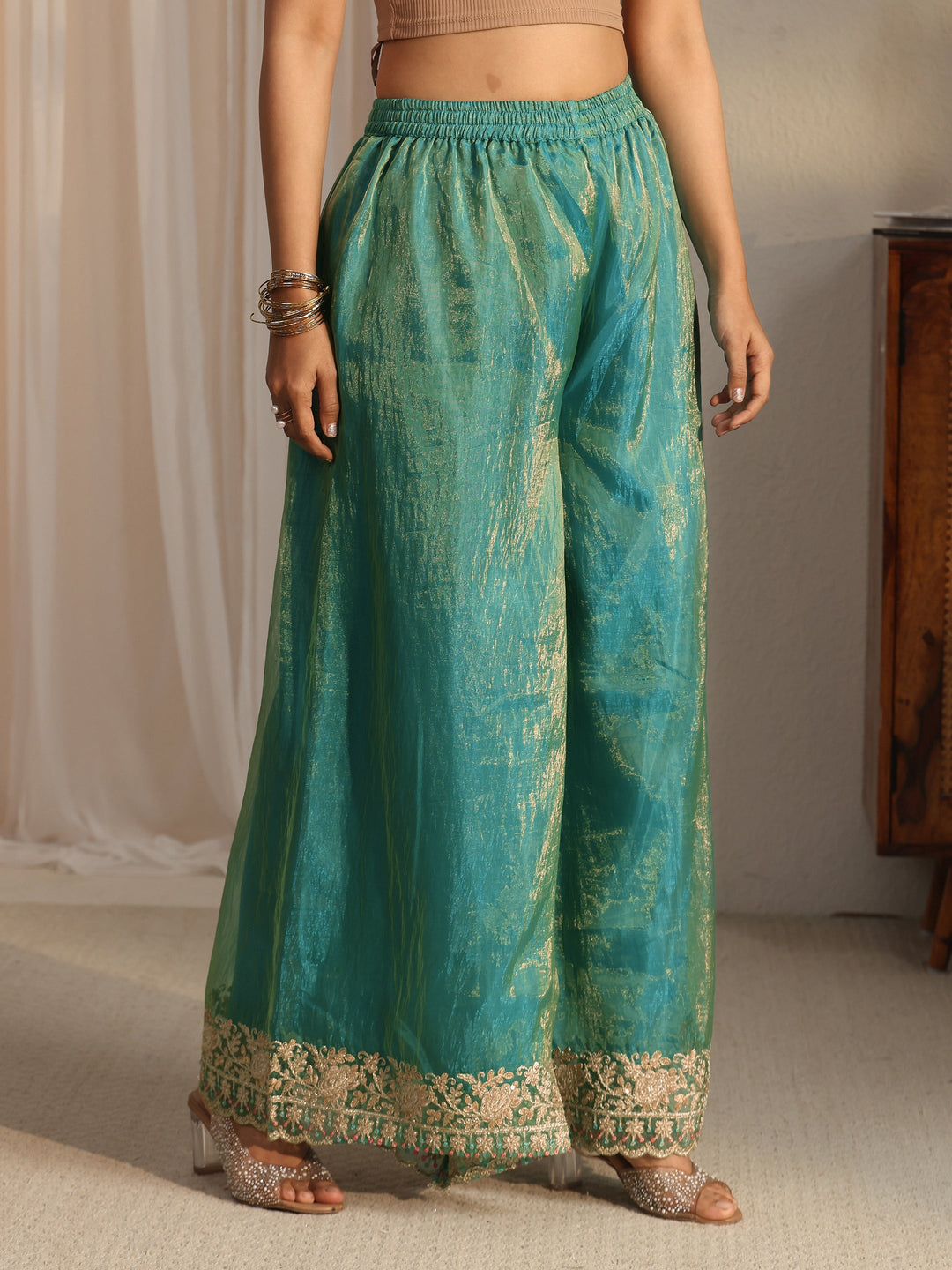  Libas Art Green Floral Embroidered Organza Palazzo Suit Set 