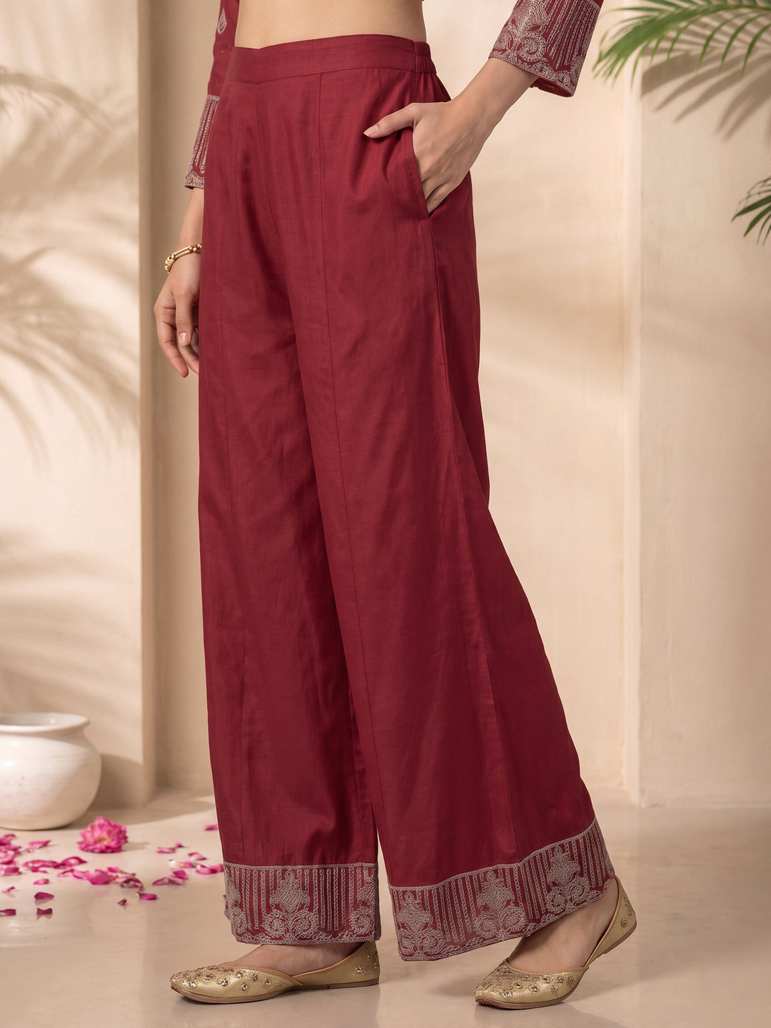  Libas Art Maroon Floral Embroidered Chinon Palazzo Suit Set 