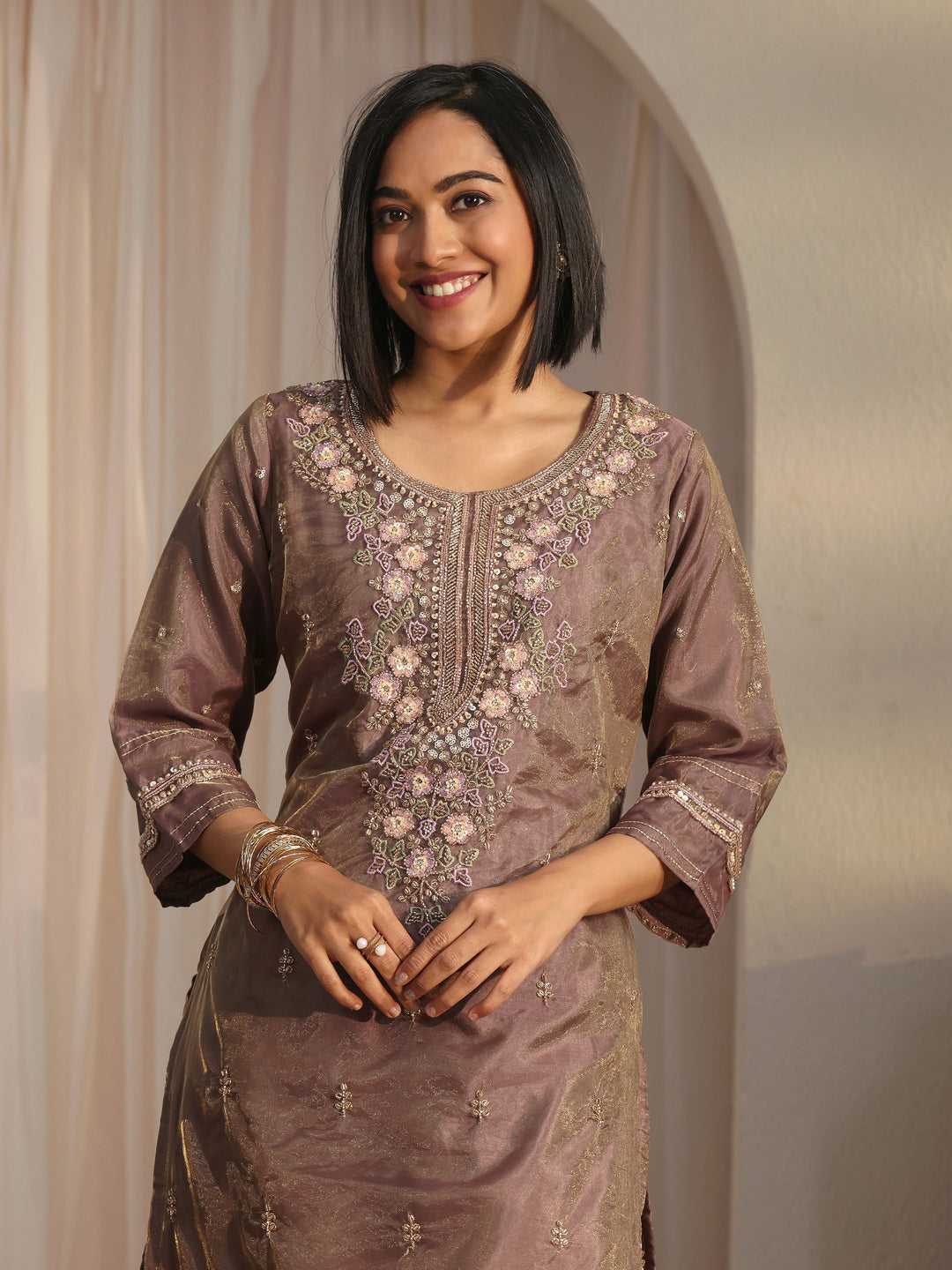  Libas Art Mauve Floral Embroidered Organza Farshi Salwar Suit 