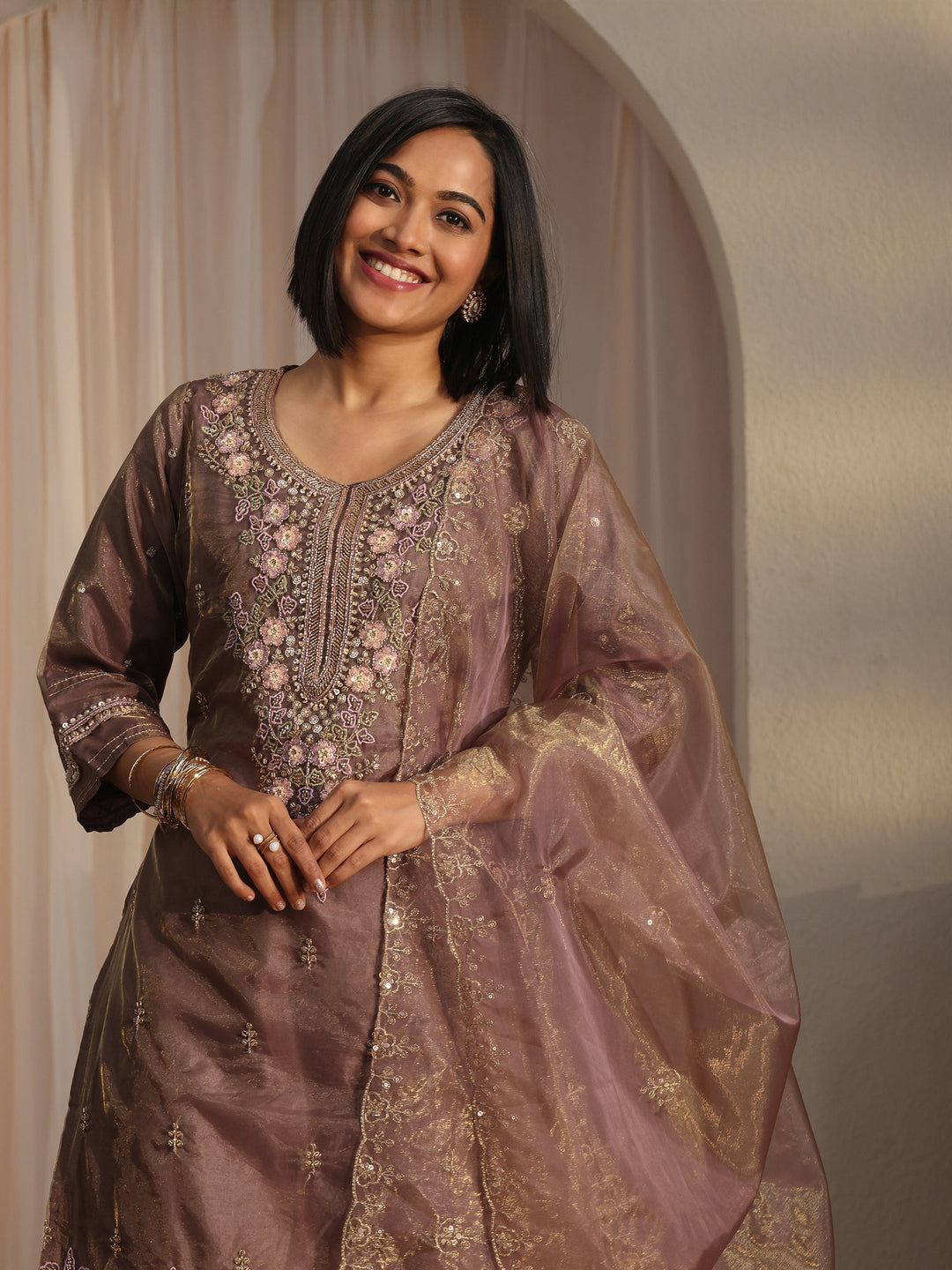  Libas Art Mauve Floral Embroidered Organza Farshi Salwar Suit 