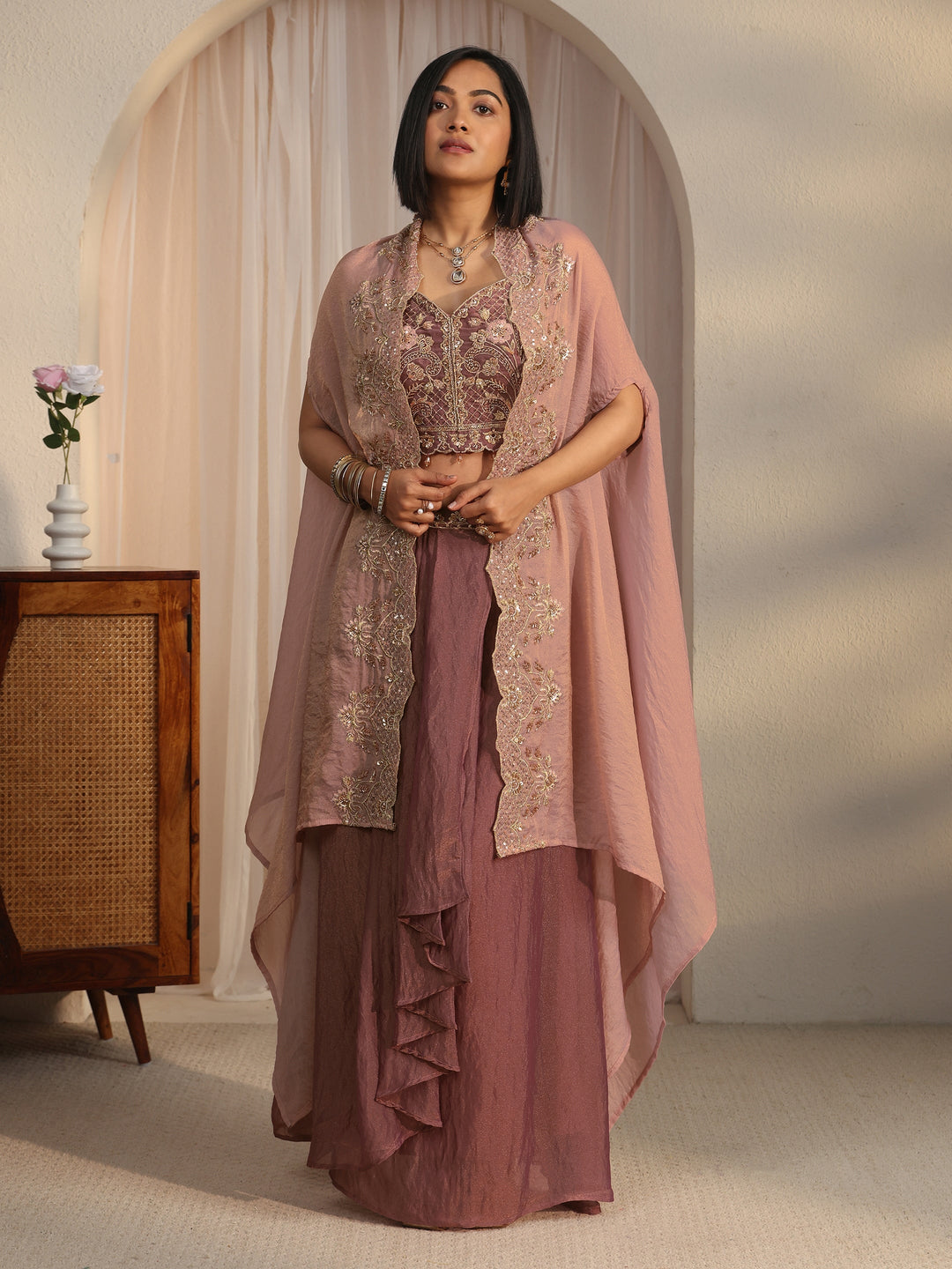  Libas Art Mauve Embellished Cape and Draped Skirt Tissue Co-Ord Set 