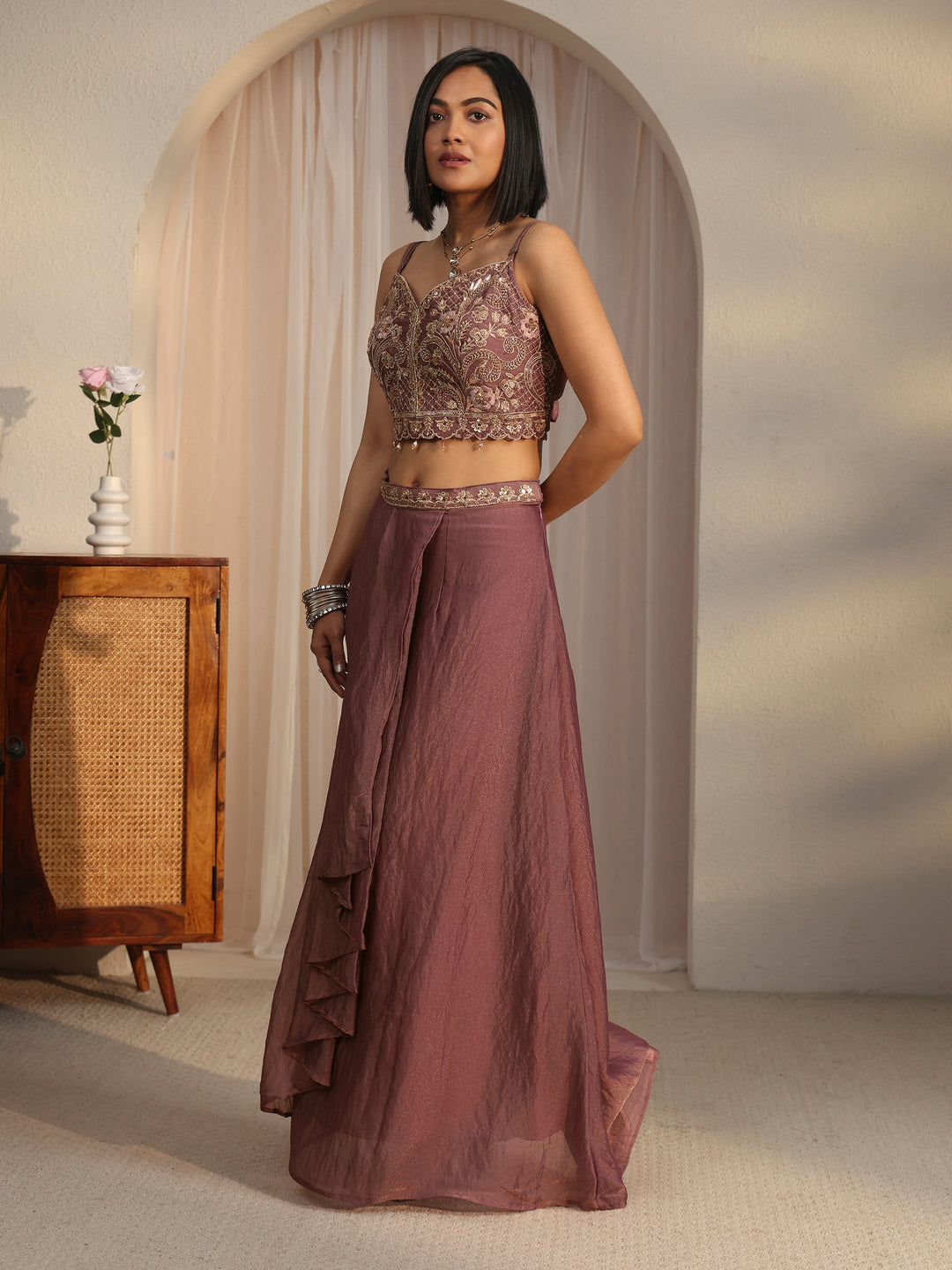  Libas Art Mauve Embellished Cape and Draped Skirt Tissue Co-Ord Set 