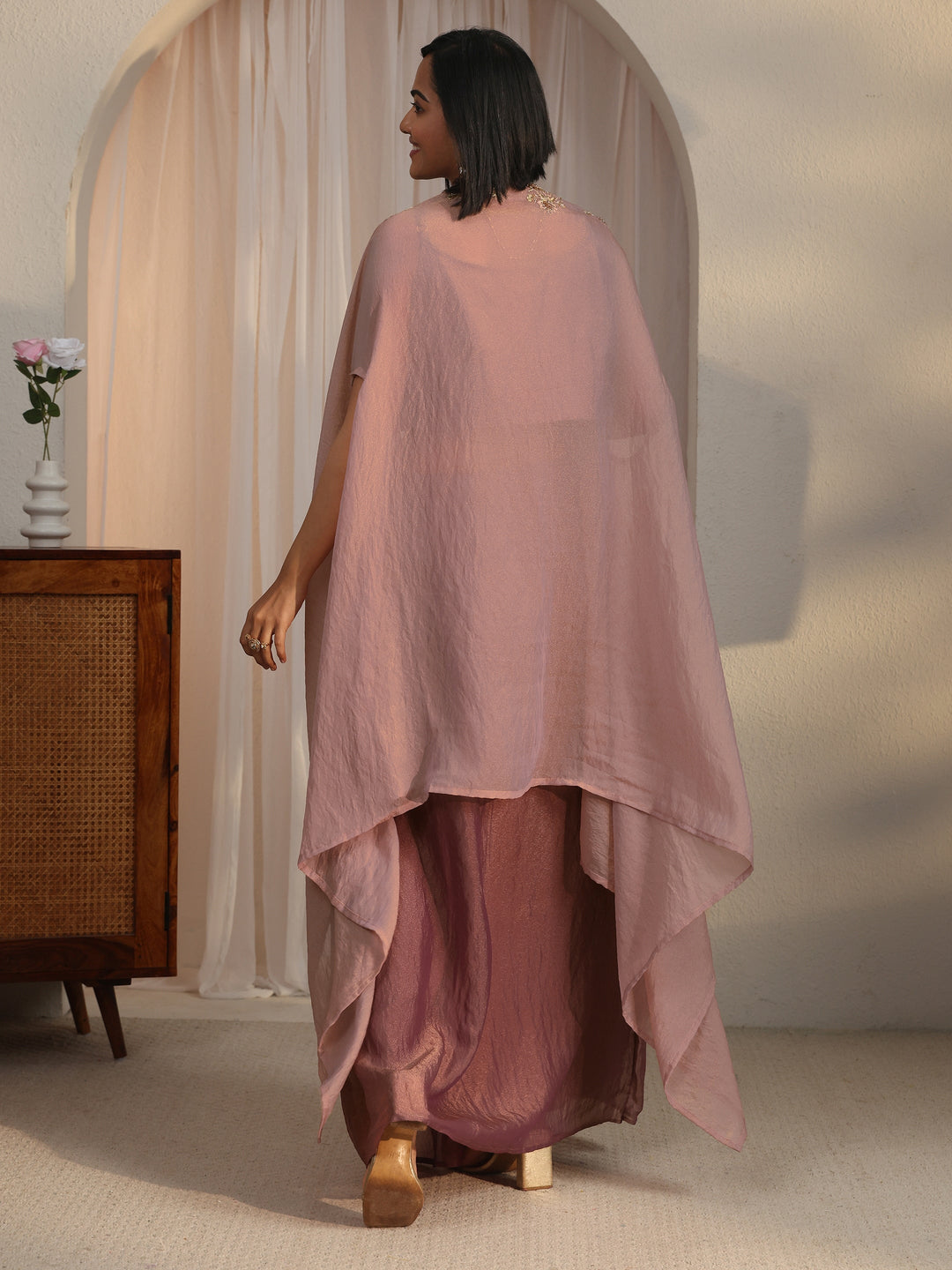  Libas Art Mauve Embellished Cape and Draped Skirt Tissue Co-Ord Set 