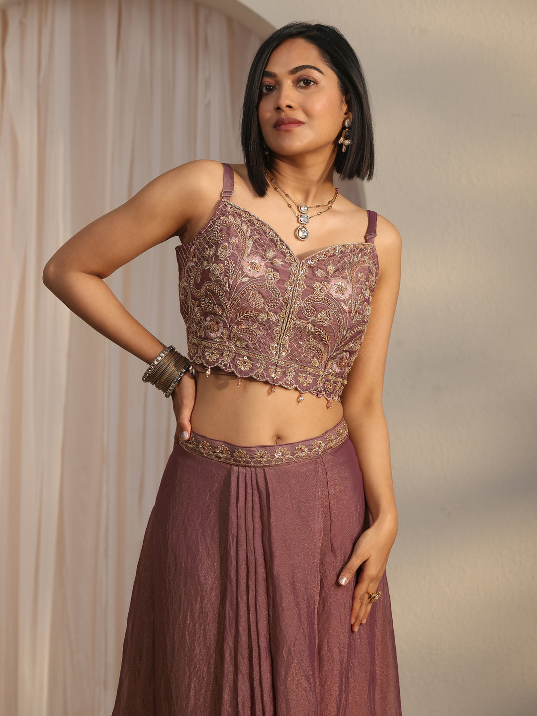  Libas Art Mauve Embellished Cape and Draped Skirt Tissue Co-Ord Set 