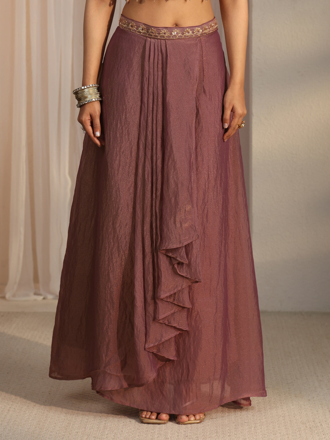  Libas Art Mauve Embellished Cape and Draped Skirt Tissue Co-Ord Set 