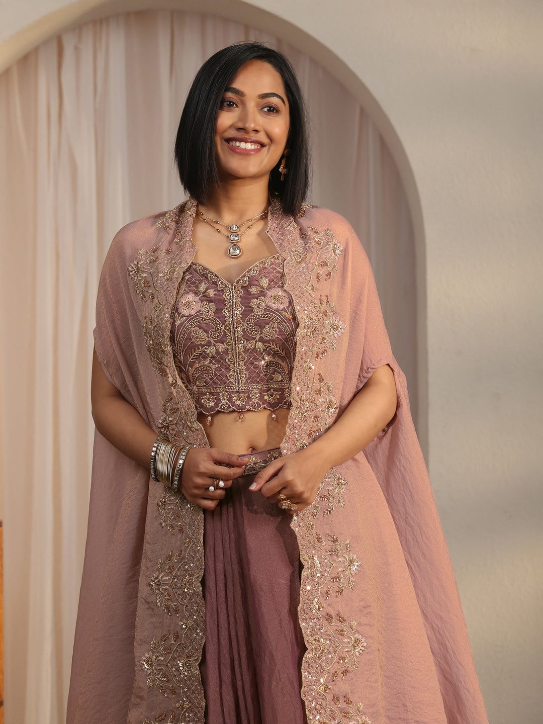  Libas Art Mauve Embellished Cape and Draped Skirt Tissue Co-Ord Set 