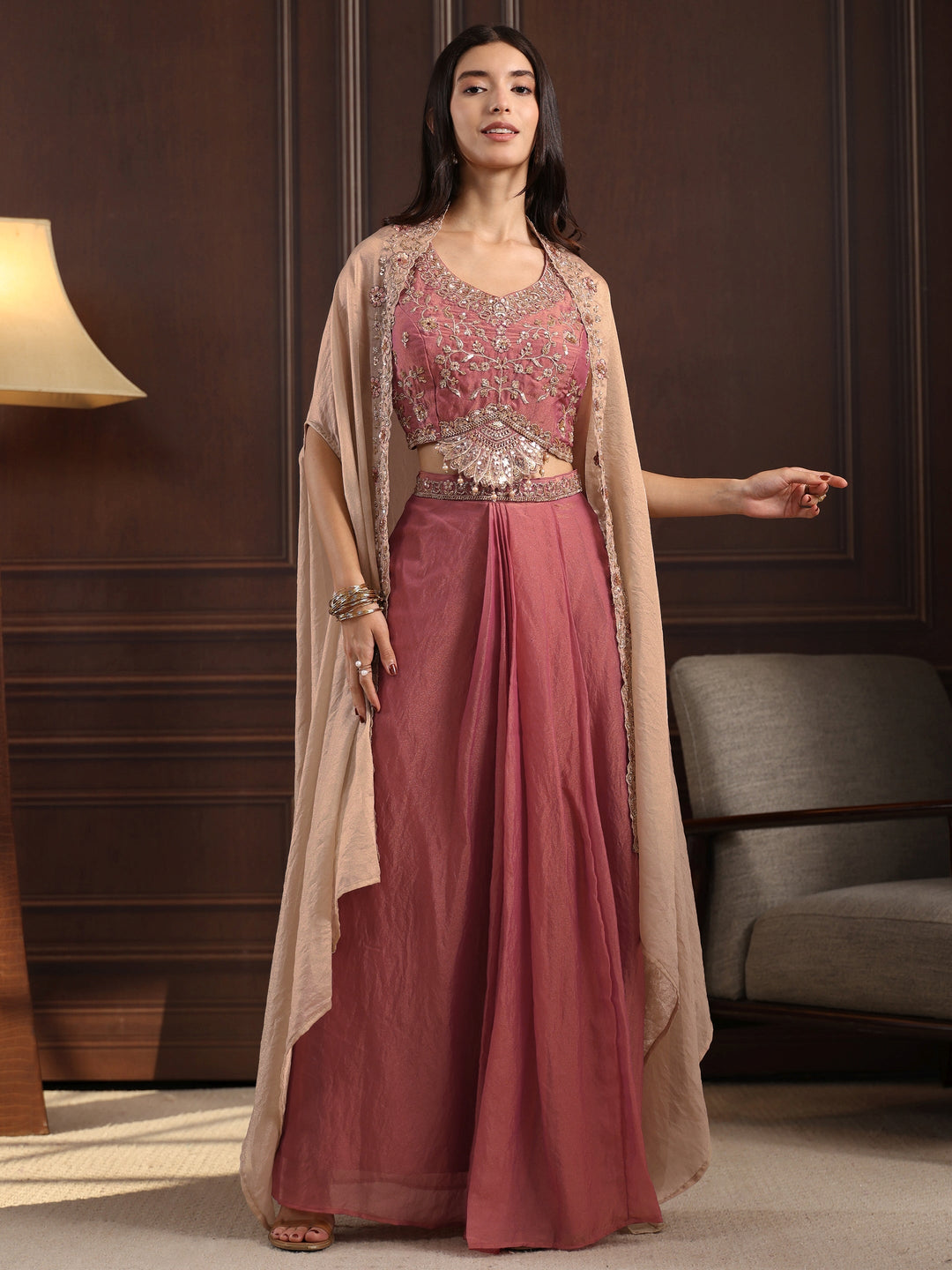  Libas Art Pink Embellished Cape and Draped Skirt Tissue Co-Ord Set 