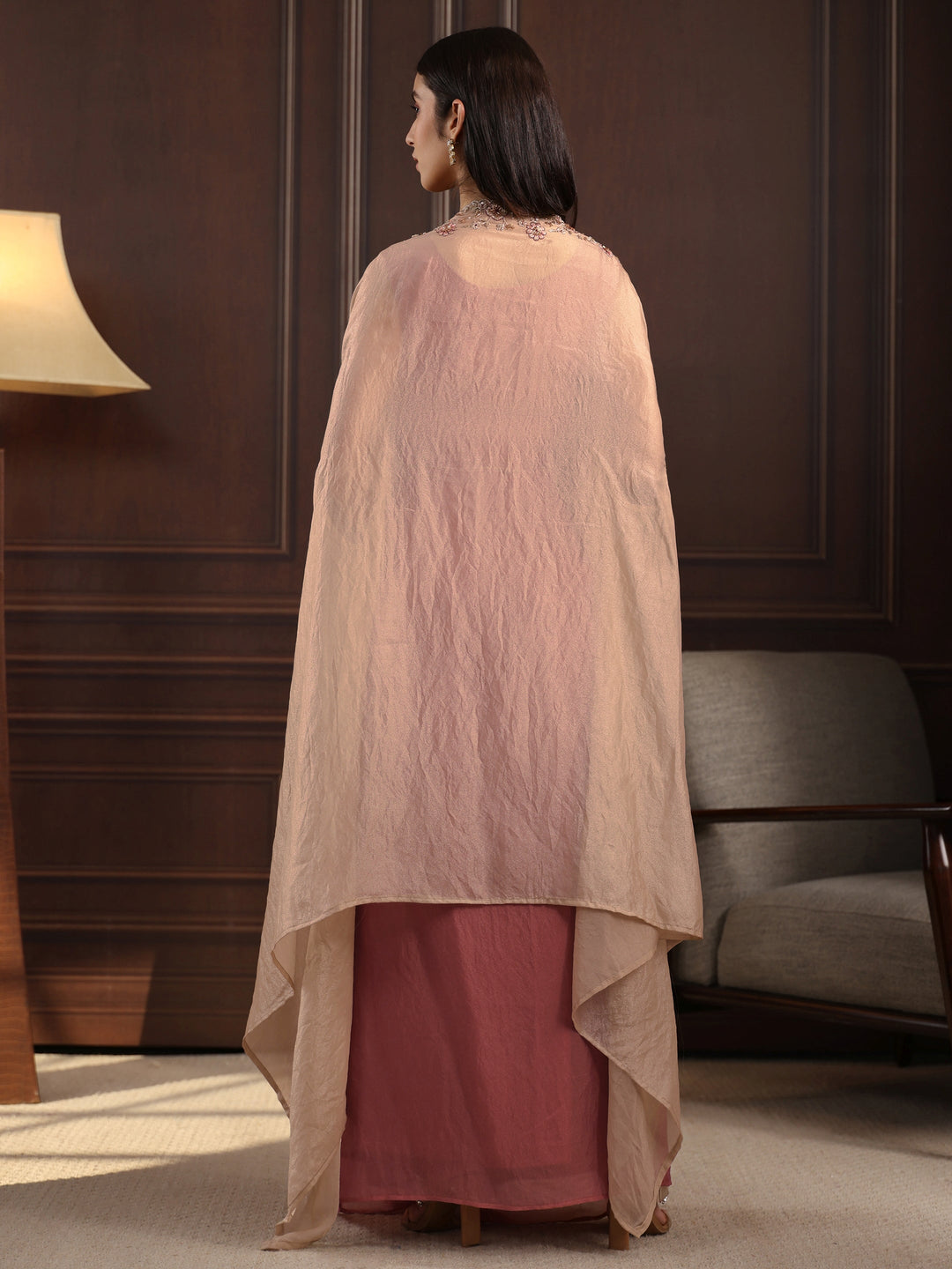  Libas Art Pink Embellished Cape and Draped Skirt Tissue Co-Ord Set 
