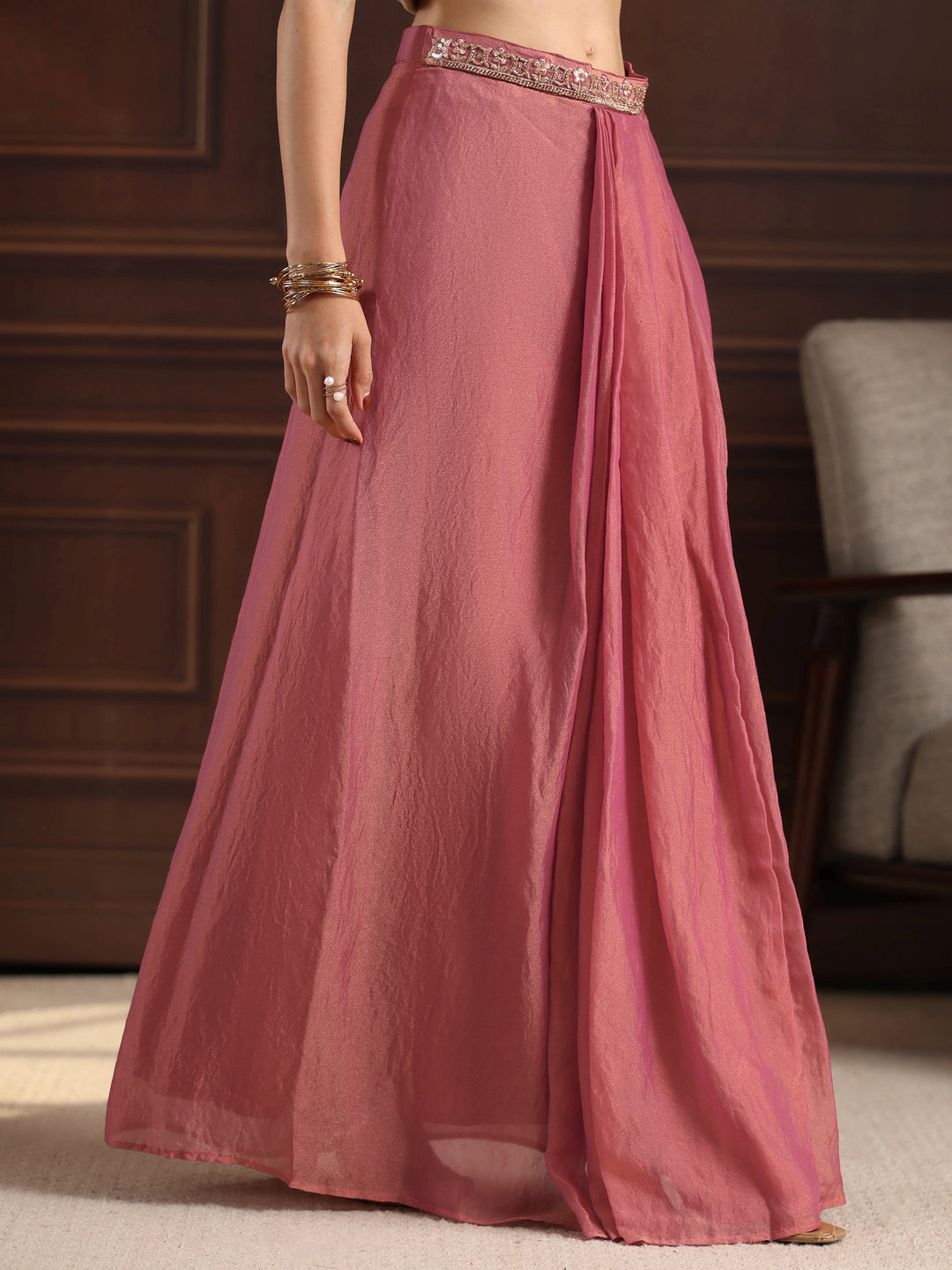  Libas Art Pink Embellished Cape and Draped Skirt Tissue Co-Ord Set 