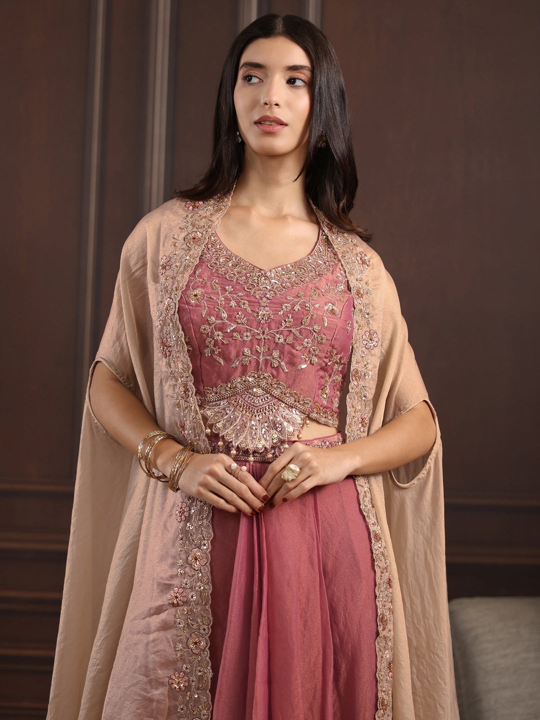 Libas Art Pink Embellished Cape and Draped Skirt Tissue Co-Ord Set 