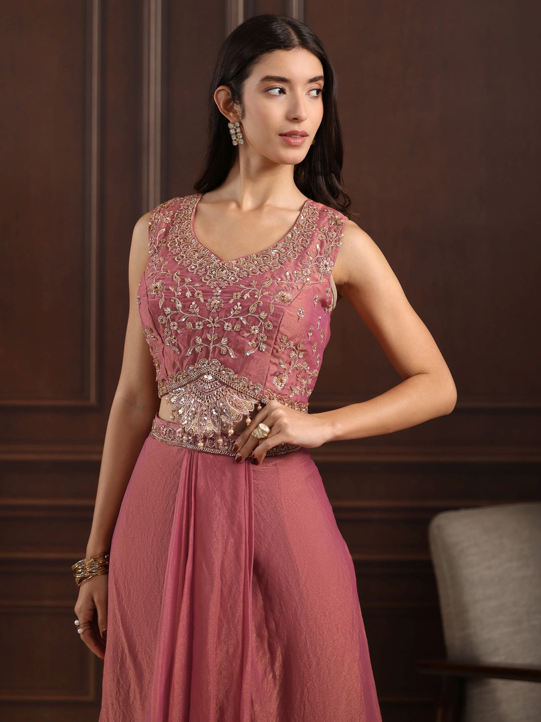  Libas Art Pink Embellished Cape and Draped Skirt Tissue Co-Ord Set 