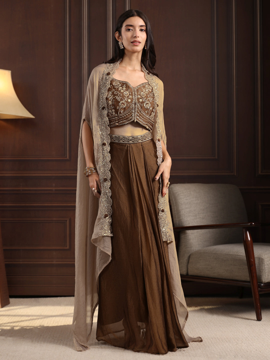  Libas Art Olive Green Embellished Cape and Draped Skirt Tissue Co-Ord Set 
