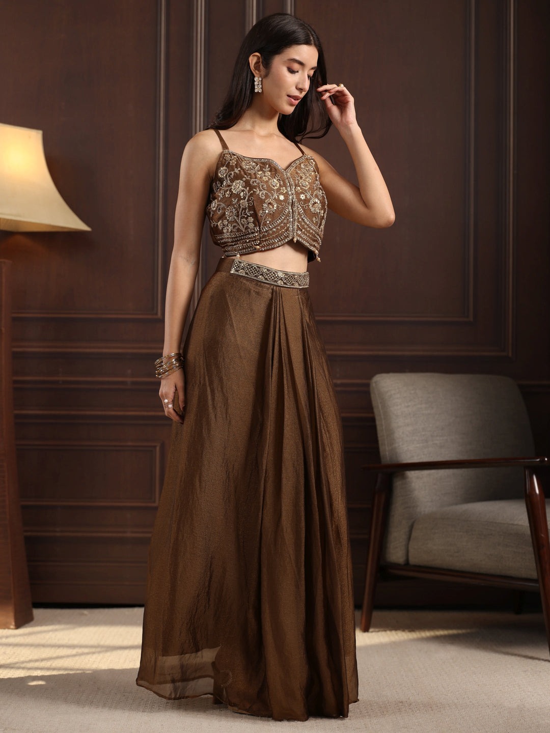  Libas Art Olive Green Embellished Cape and Draped Skirt Tissue Co-Ord Set 