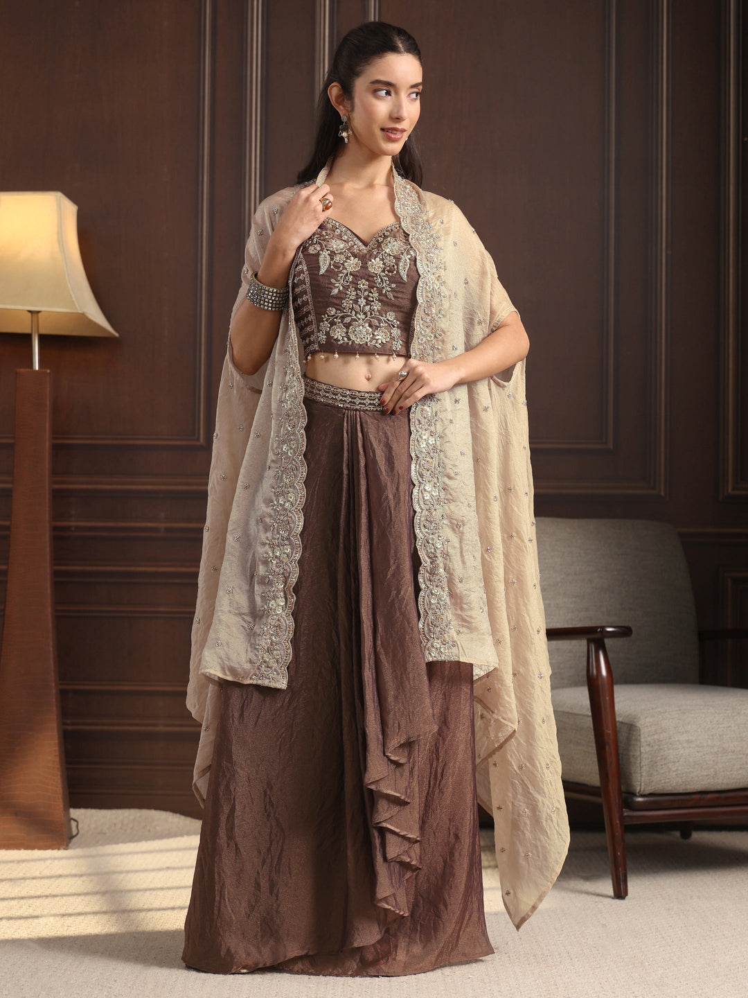  Libas Art Brown Embellished Cape and Draped Skirt Tissue Co-Ord Set 