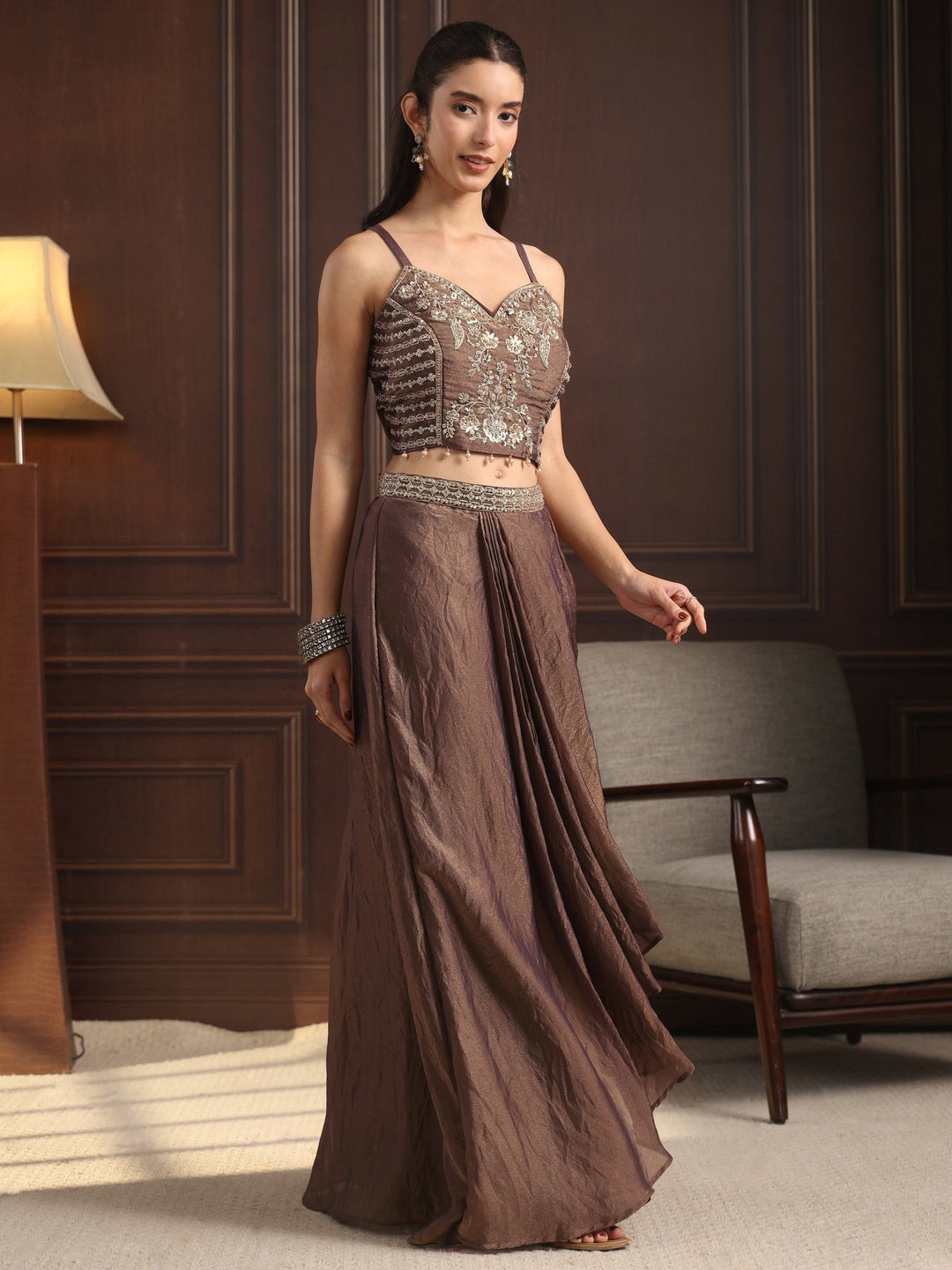  Libas Art Brown Embellished Cape and Draped Skirt Tissue Co-Ord Set 