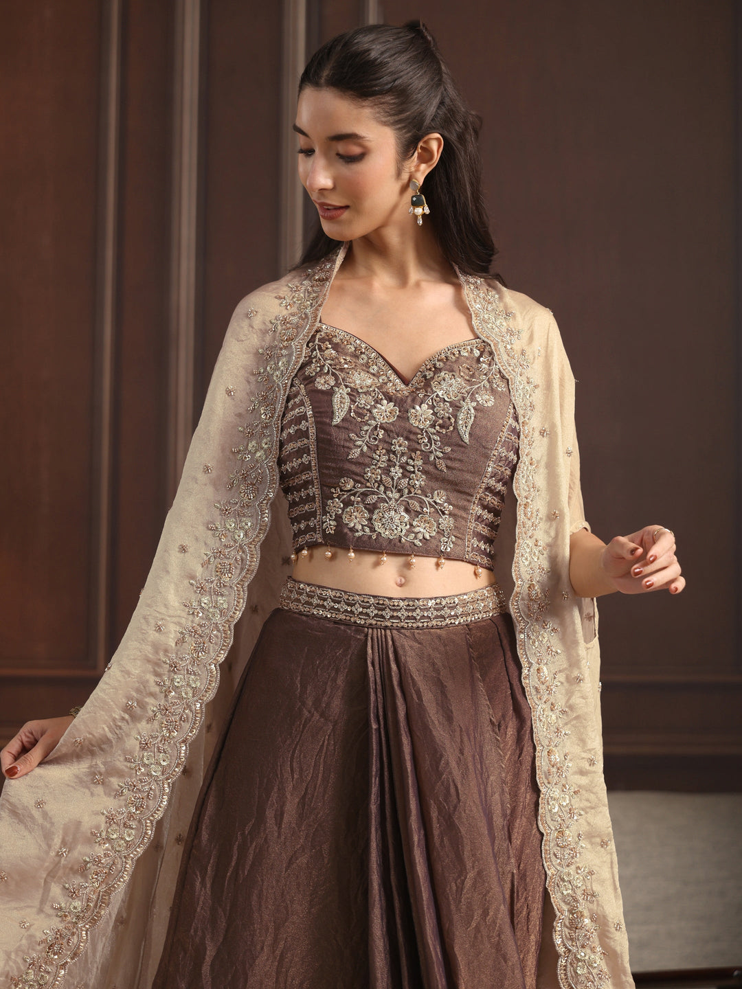  Libas Art Brown Embellished Cape and Draped Skirt Tissue Co-Ord Set 