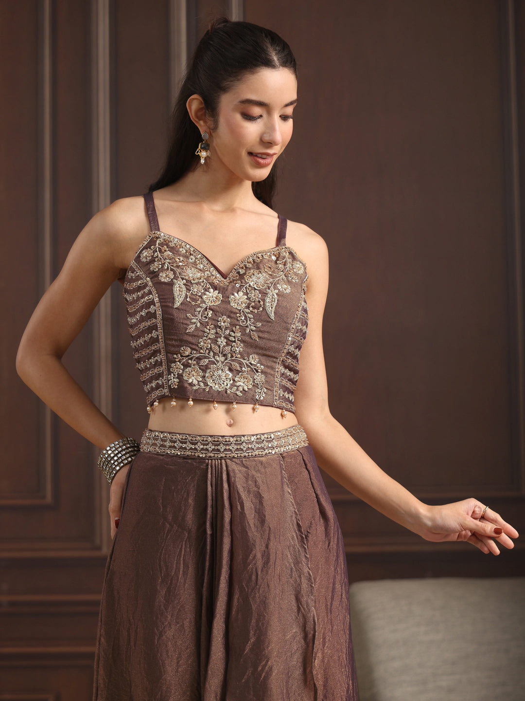 Libas Art Brown Embellished Cape and Draped Skirt Tissue Co-Ord Set 