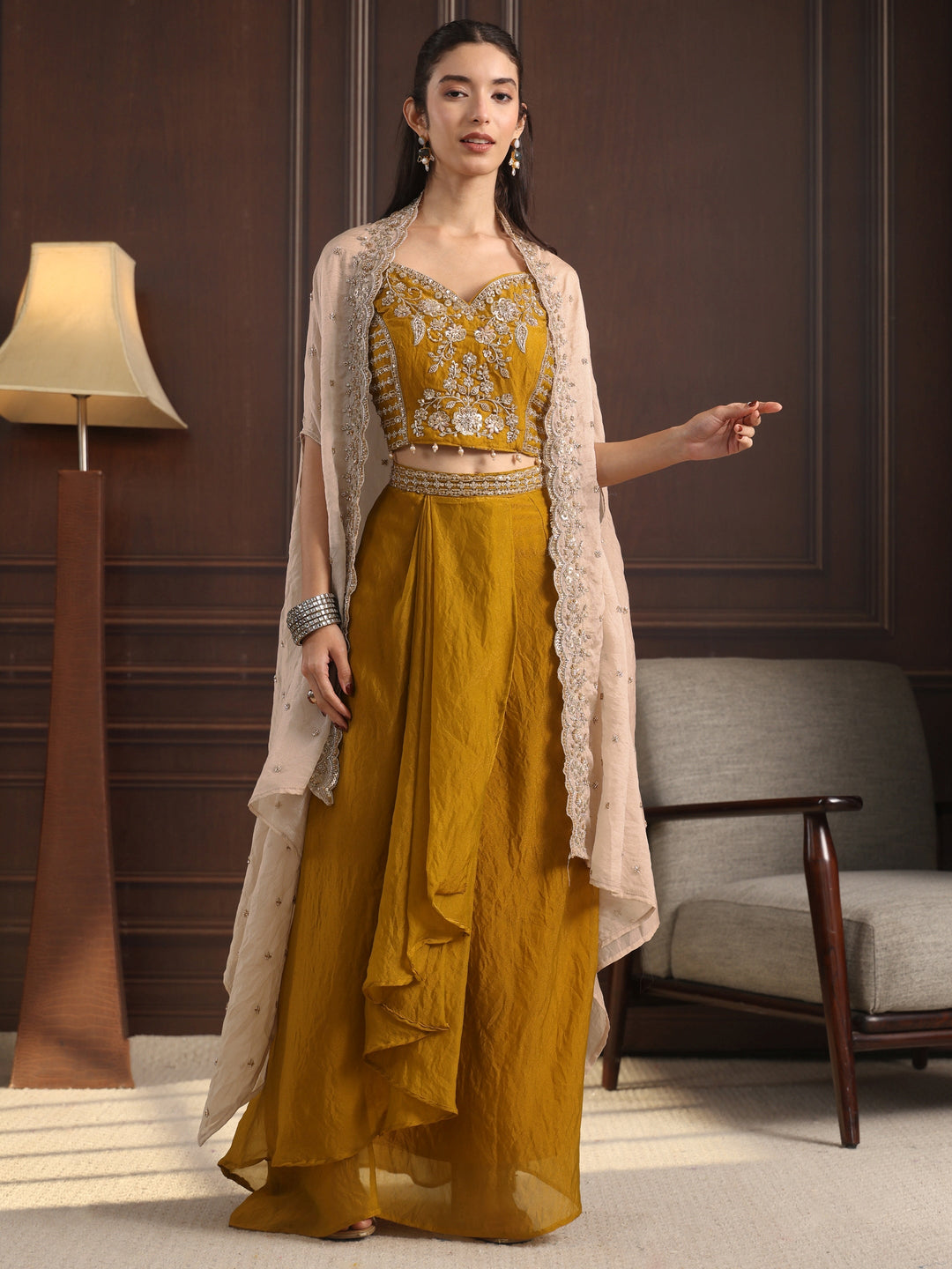  Libas Art Mustard Embellished Cape and Draped Skirt Tissue Co-Ord Set 