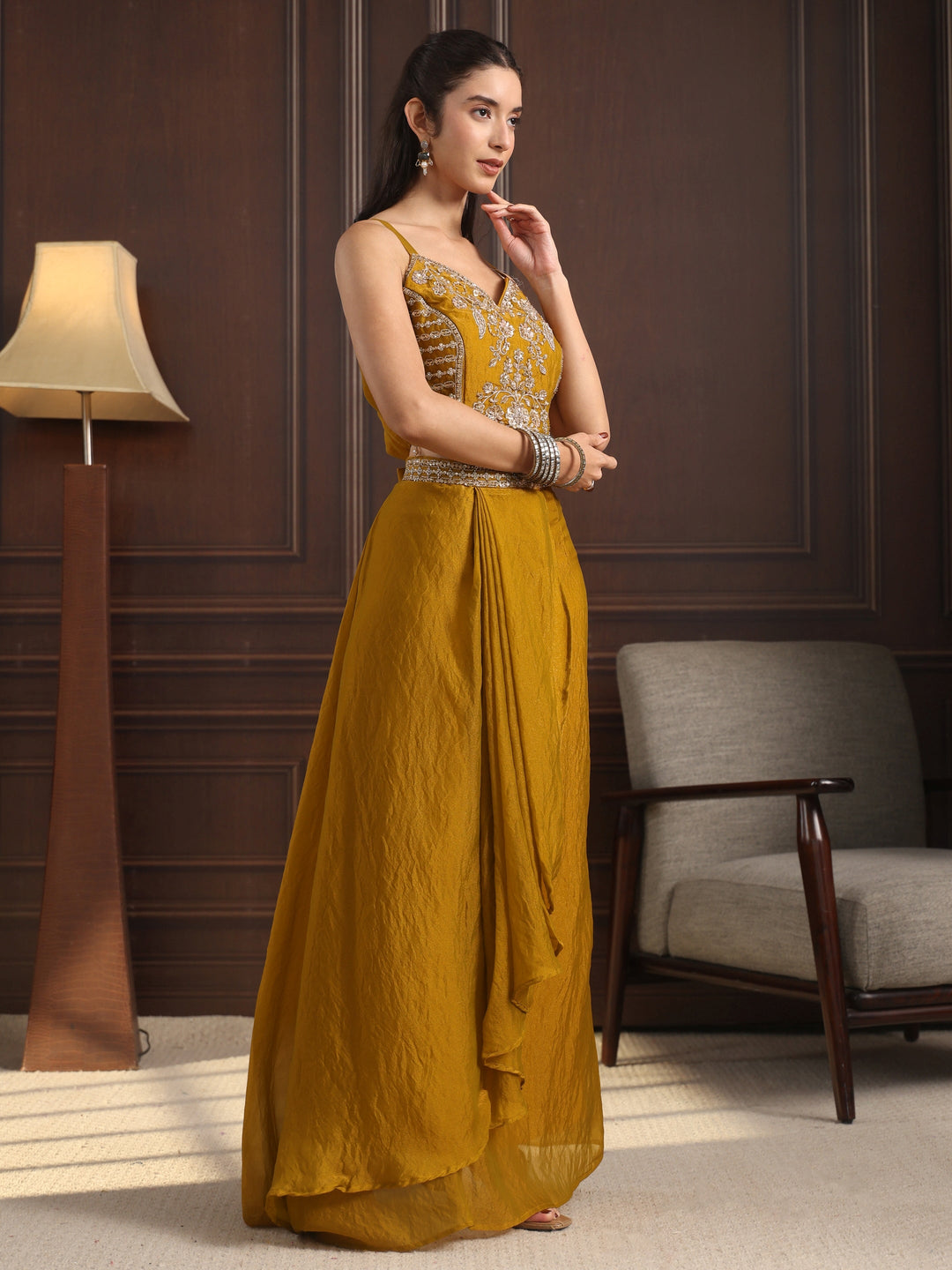  Libas Art Mustard Embellished Cape and Draped Skirt Tissue Co-Ord Set 
