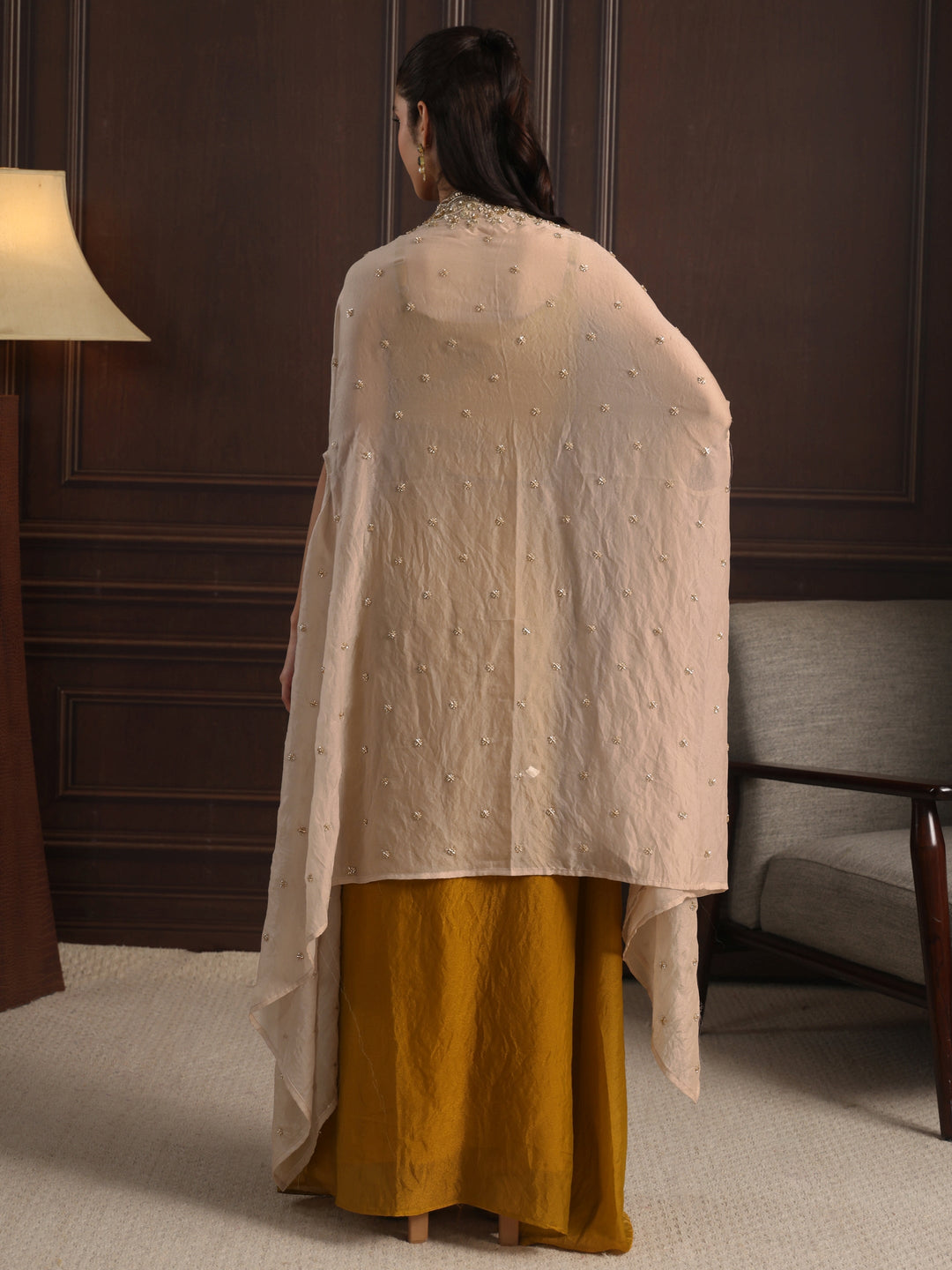  Libas Art Mustard Embellished Cape and Draped Skirt Tissue Co-Ord Set 