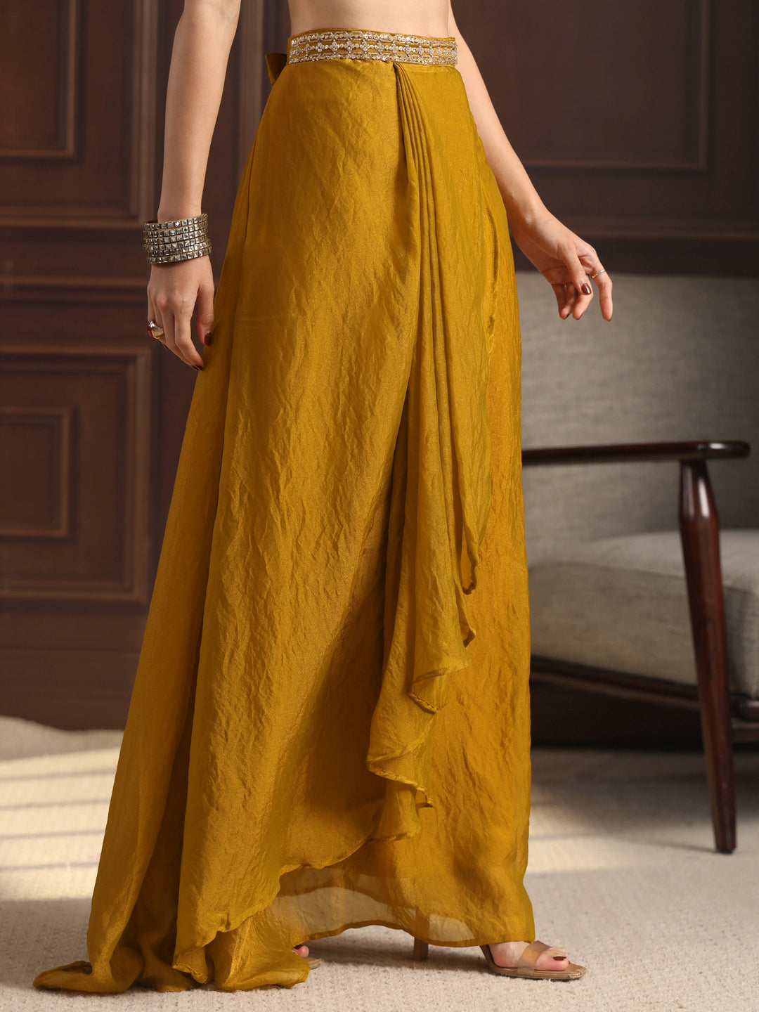  Libas Art Mustard Embellished Cape and Draped Skirt Tissue Co-Ord Set 