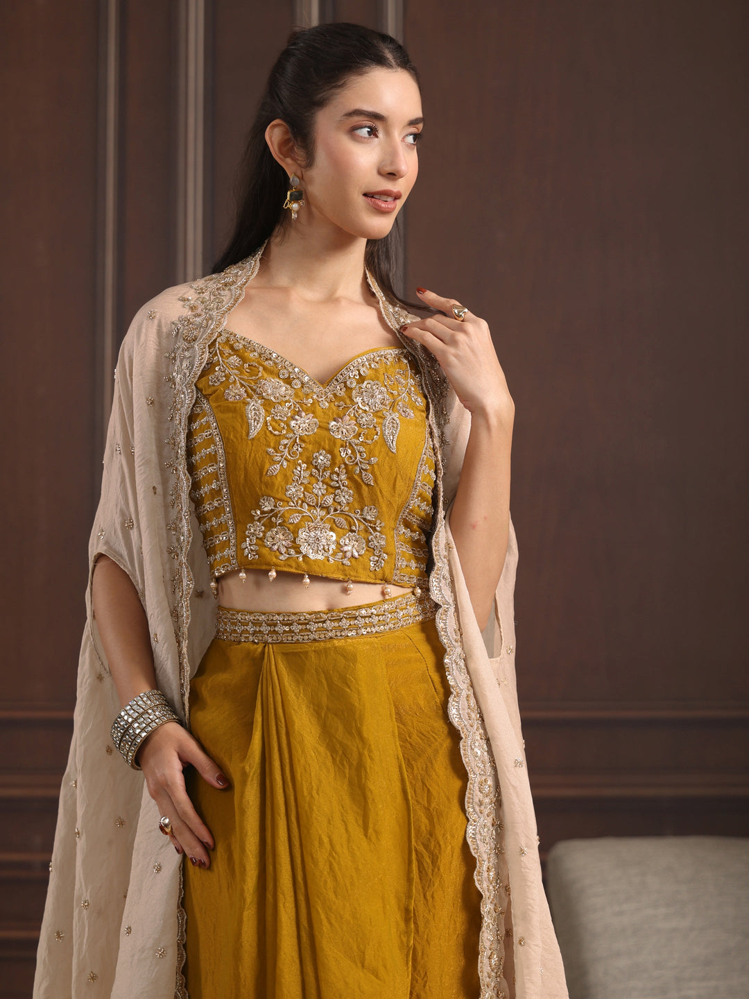  Libas Art Mustard Embellished Cape and Draped Skirt Tissue Co-Ord Set 