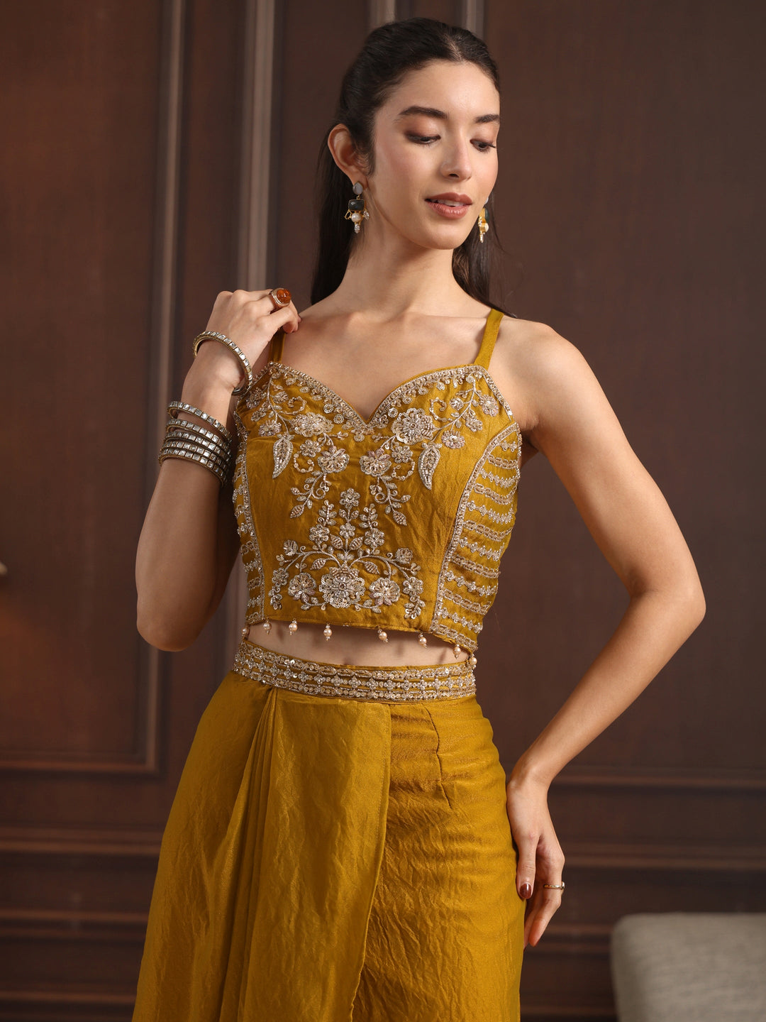  Libas Art Mustard Embellished Cape and Draped Skirt Tissue Co-Ord Set 