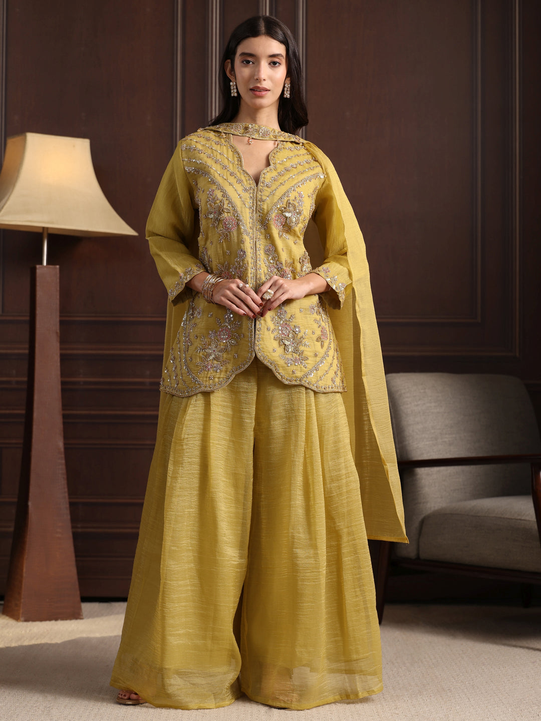  Libas Art Green Embellished Top and Palazzo Tissue Co-Ord Set 
