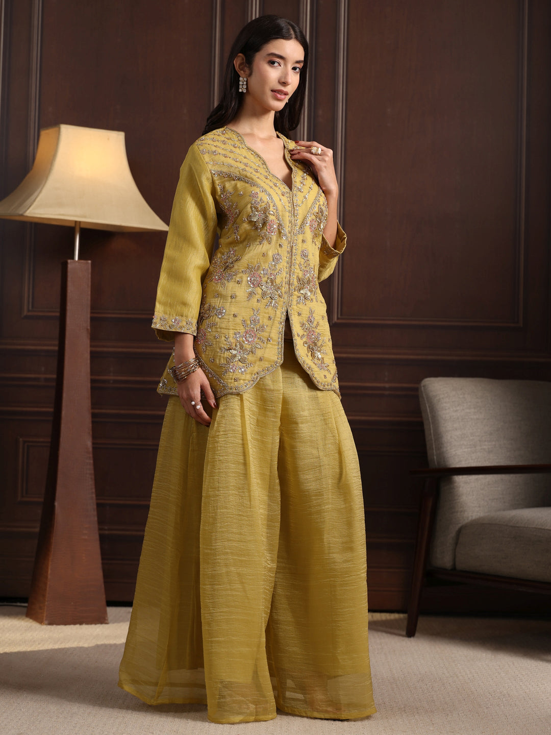  Libas Art Green Embellished Top and Palazzo Tissue Co-Ord Set 