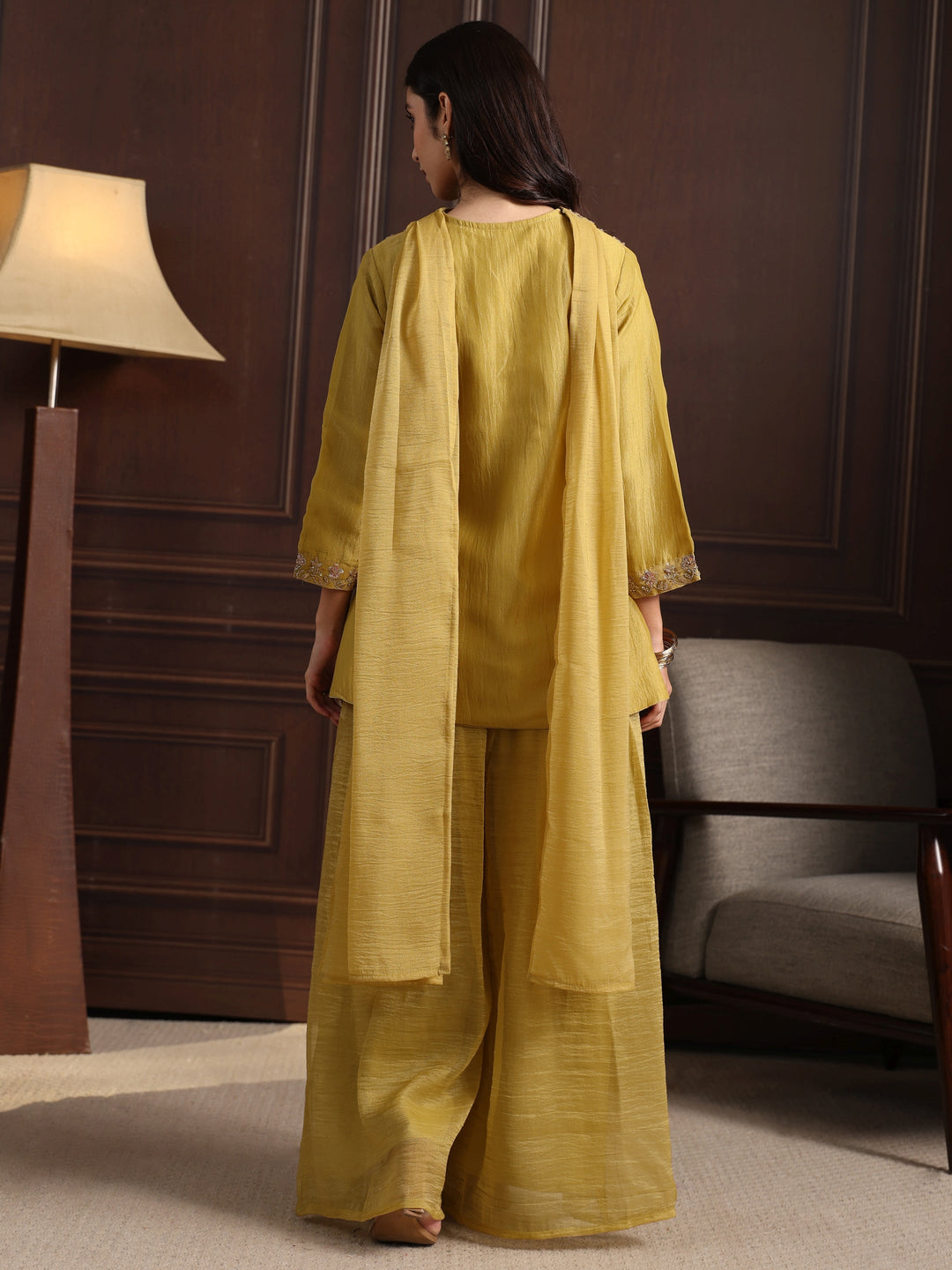  Libas Art Green Embellished Top and Palazzo Tissue Co-Ord Set 