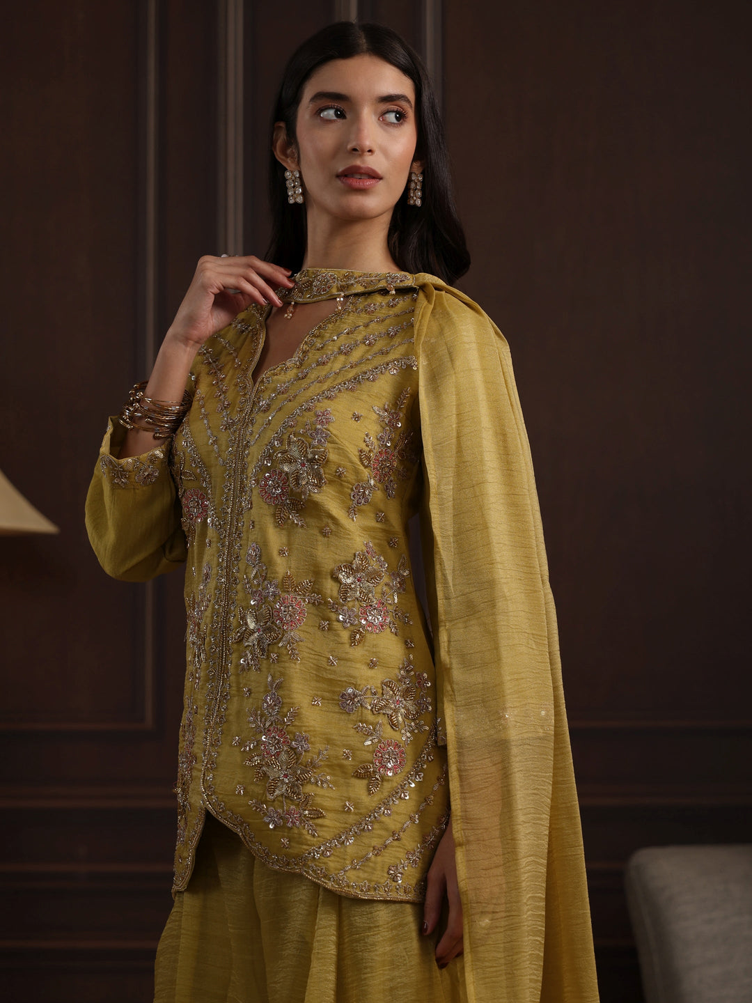  Libas Art Green Embellished Top and Palazzo Tissue Co-Ord Set 