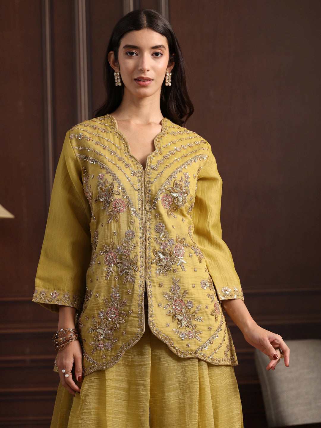 Libas Art Green Embellished Top and Palazzo Tissue Co-Ord Set 