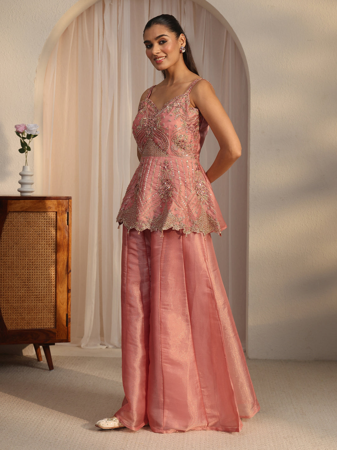  Libas Art Embellished Tissue Short Kurti and Palazzo Suit Set 