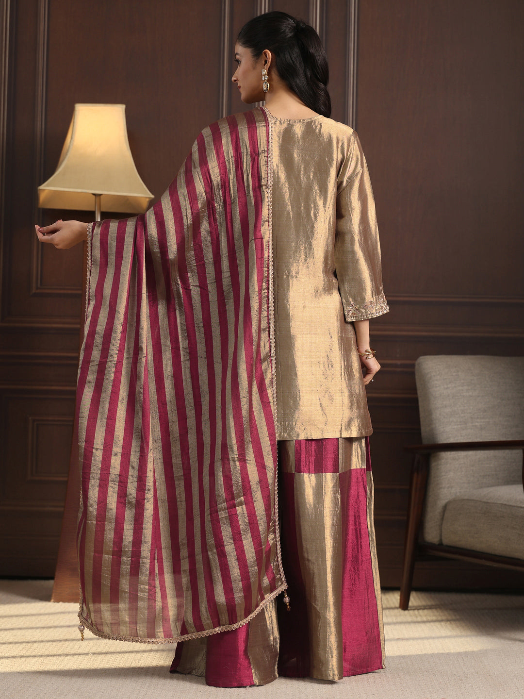  Libas Art Grey Floral Embroidered Silk Blend Palazzo Suit Set 