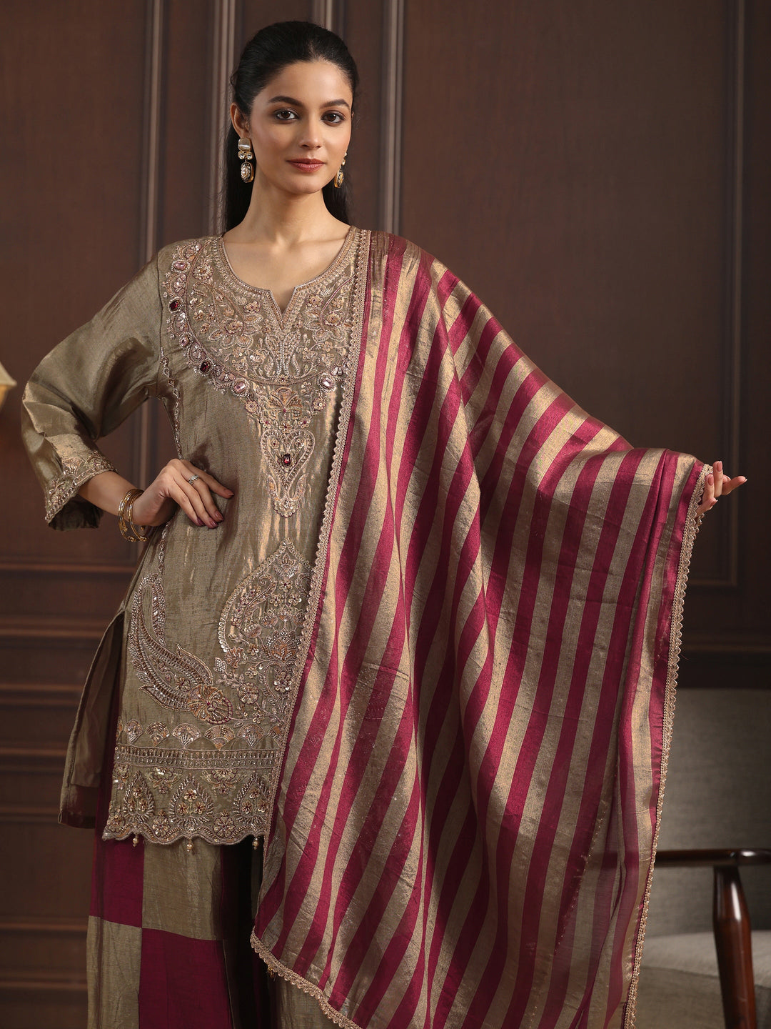  Libas Art Grey Floral Embroidered Silk Blend Palazzo Suit Set 