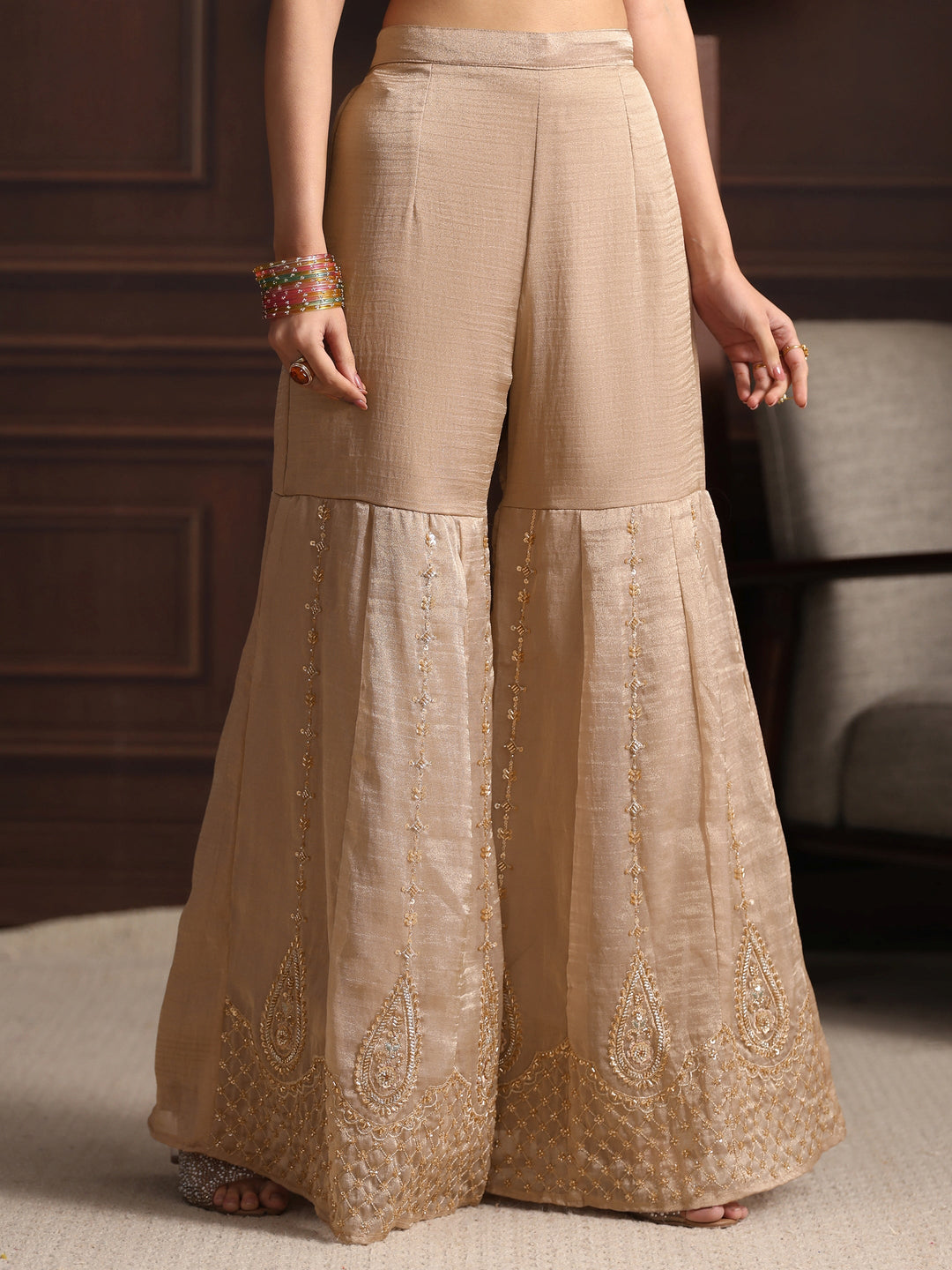  Libas Art Taupe Grey Yoke Design Embellished Tissue Sharara Suit Set 