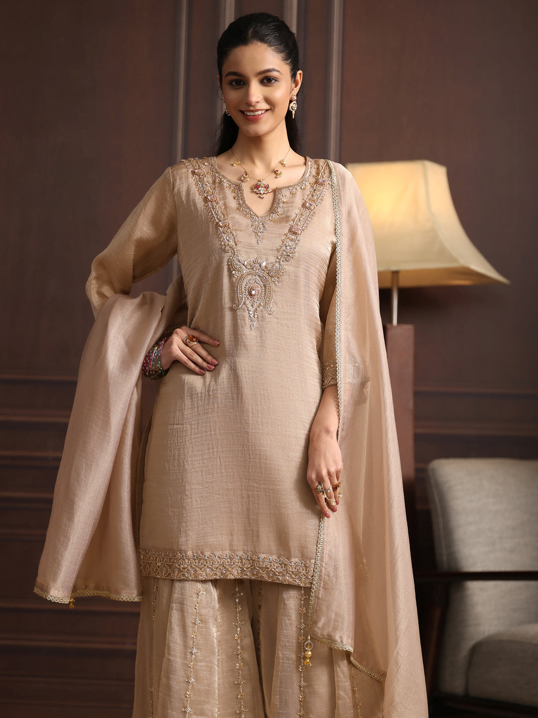  Libas Art Taupe Grey Yoke Design Embellished Tissue Sharara Suit Set 