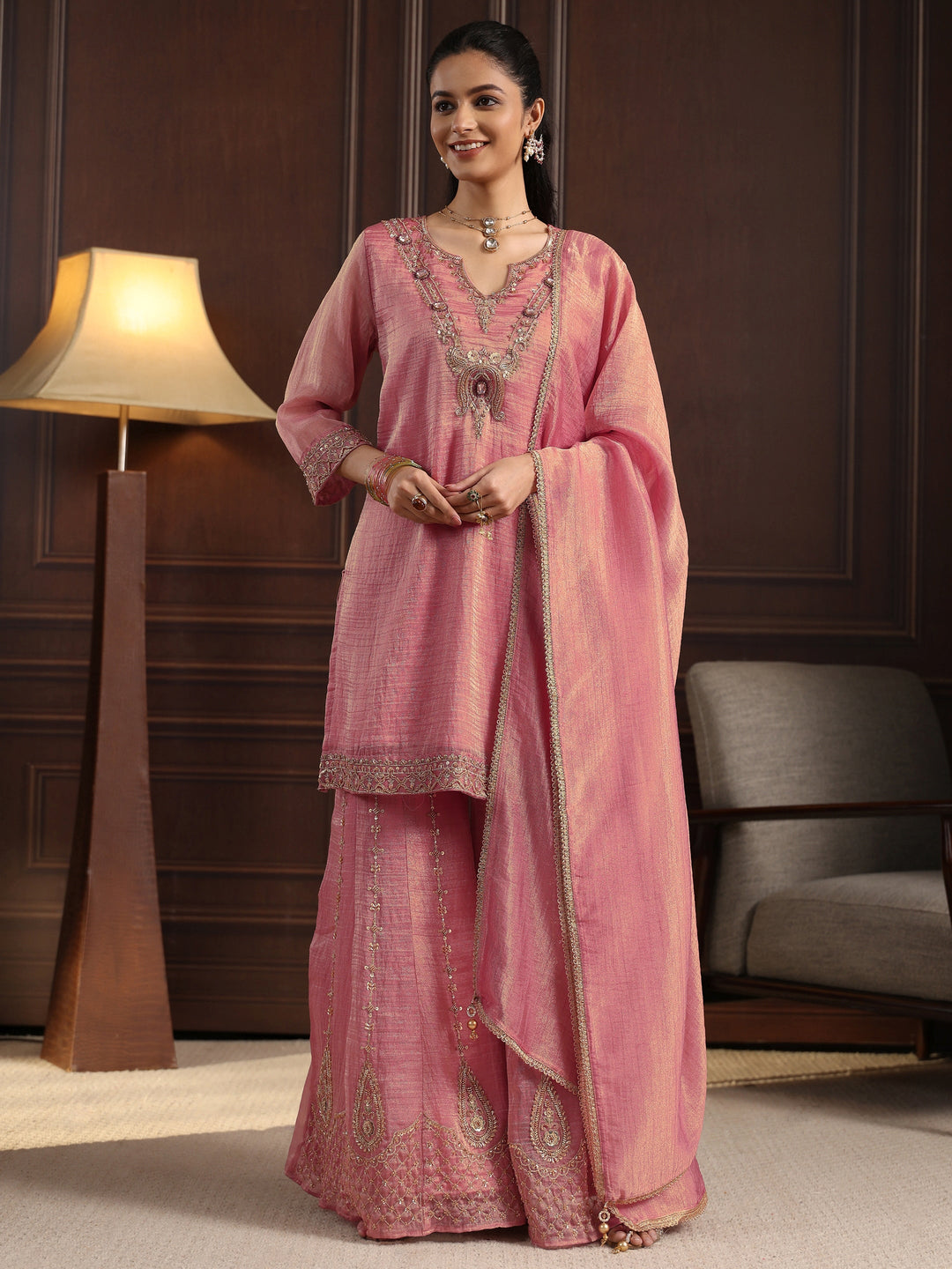  Libas Art Pink Yoke Design Embellished Tissue Sharara Suit Set 