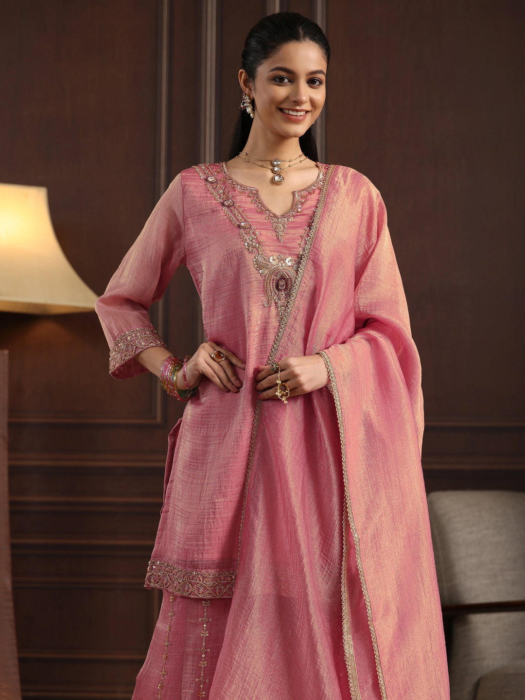  Libas Art Pink Yoke Design Embellished Tissue Sharara Suit Set 