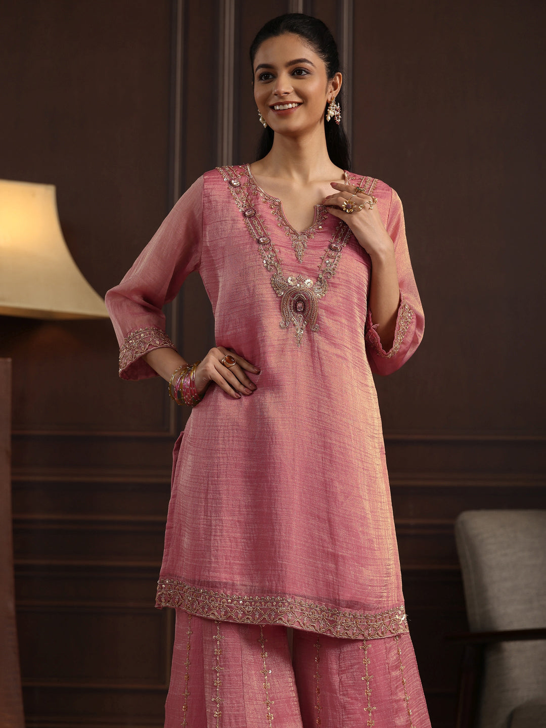  Libas Art Pink Yoke Design Embellished Tissue Sharara Suit Set 