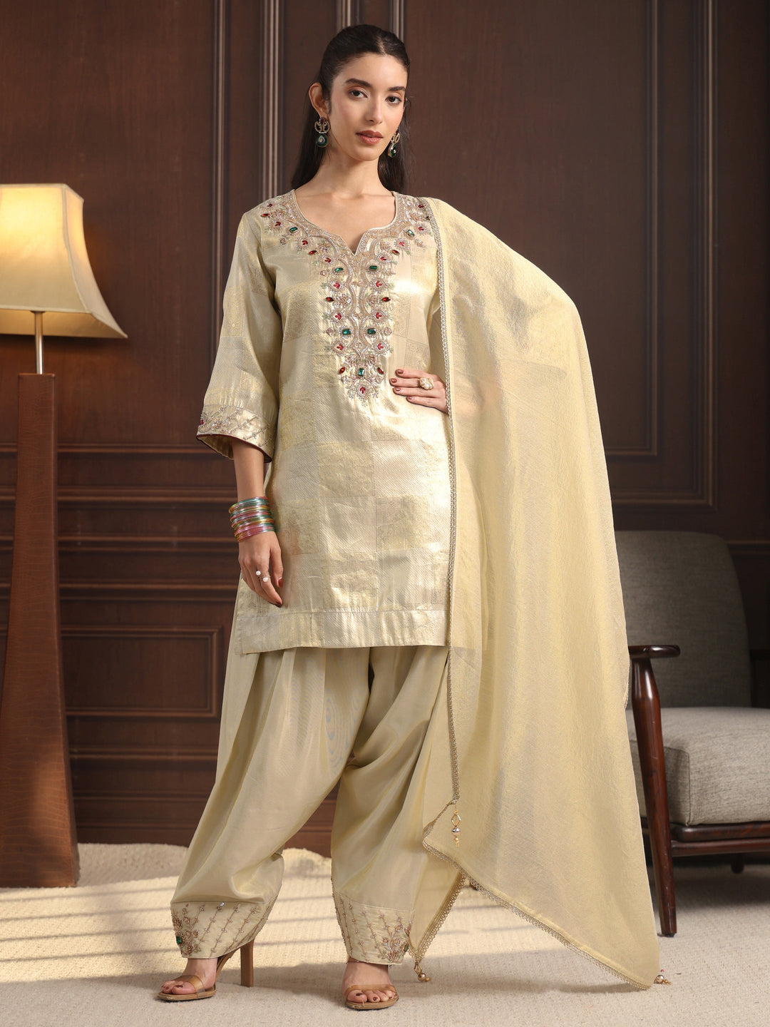  Libas Art Off White Yoke Design Embellished Silk Blend Farshi Salwar Suit 