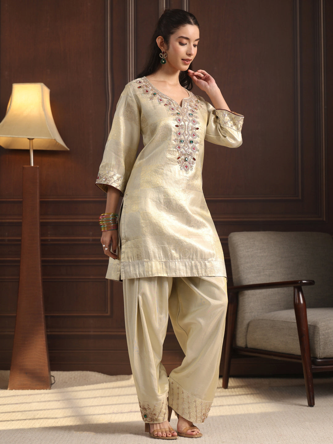  Libas Art Off White Yoke Design Embellished Silk Blend Farshi Salwar Suit 