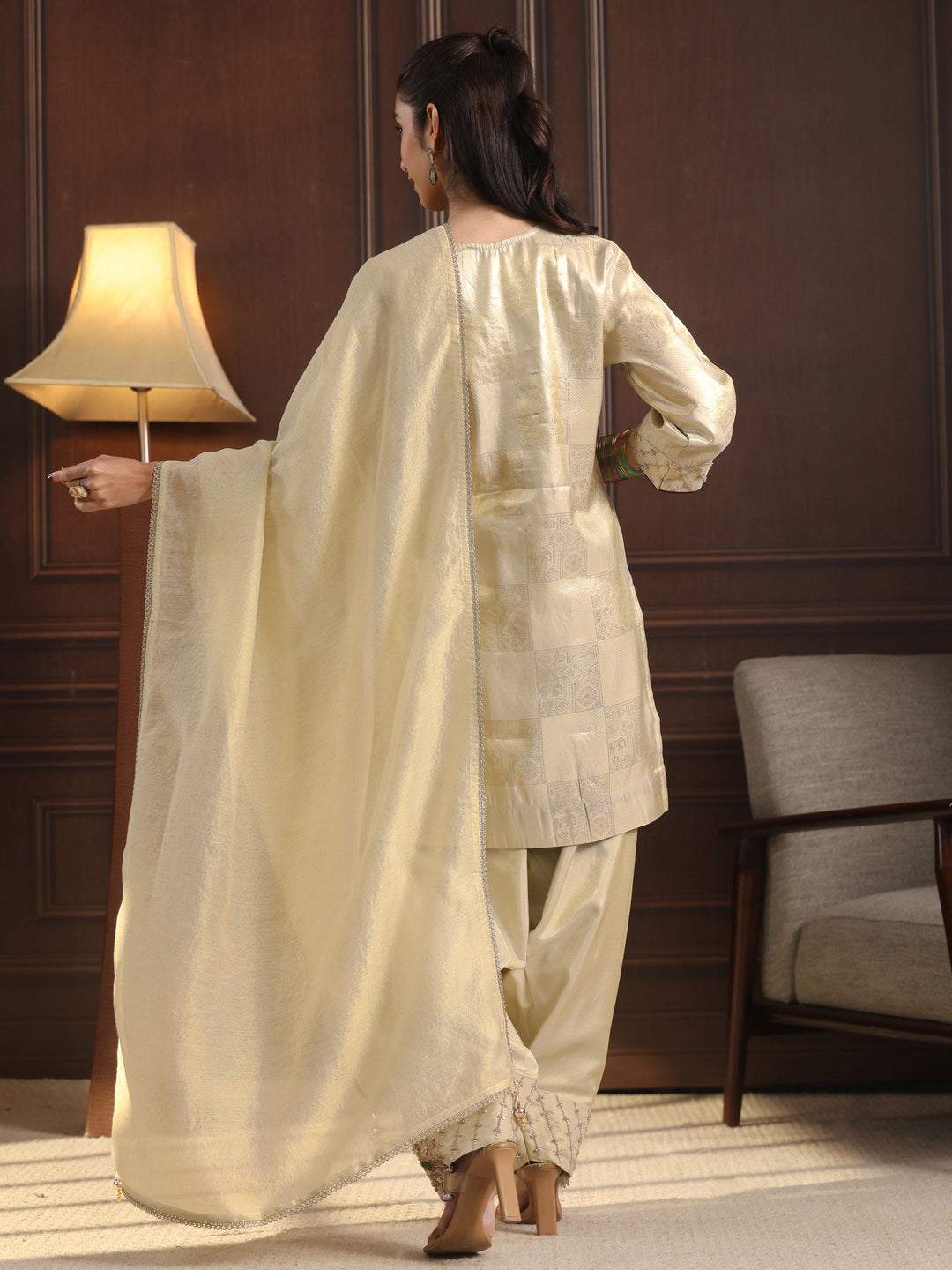  Libas Art Off White Yoke Design Embellished Silk Blend Farshi Salwar Suit 