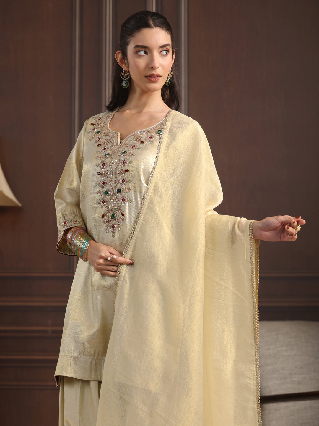  Libas Art Off White Yoke Design Embellished Silk Blend Farshi Salwar Suit 