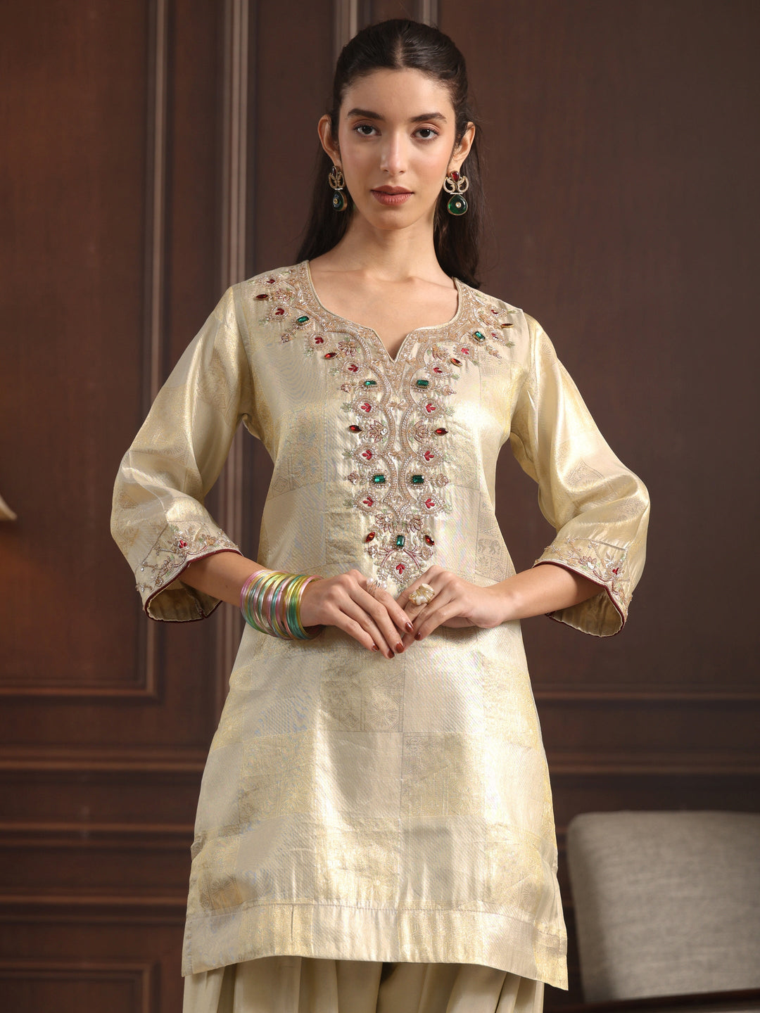  Libas Art Off White Yoke Design Embellished Silk Blend Farshi Salwar Suit 