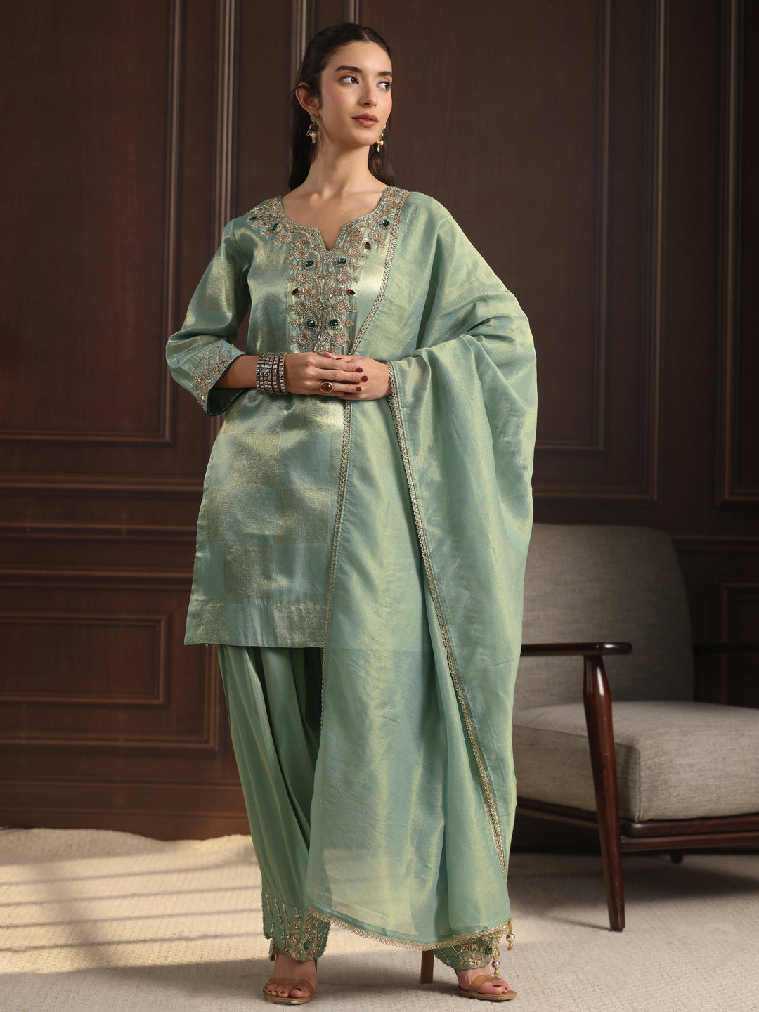  Libas Art Green Yoke Design Embellished Tissue Farshi Salwar Suit 